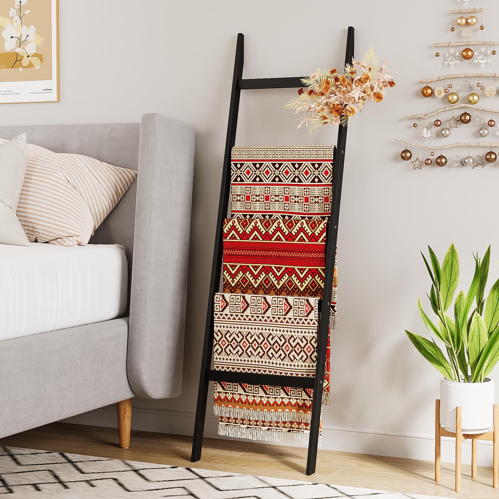 5-Tier Bamboo Blanket Ladder - Sturdy Leaning Towel Rack for Bathroom & Living Room - No Drill Wall Mount - Quilt, Scarf & Blanket Storage Organizer - Decorative Shelf for Home, Bedroom & Dorm (Black)