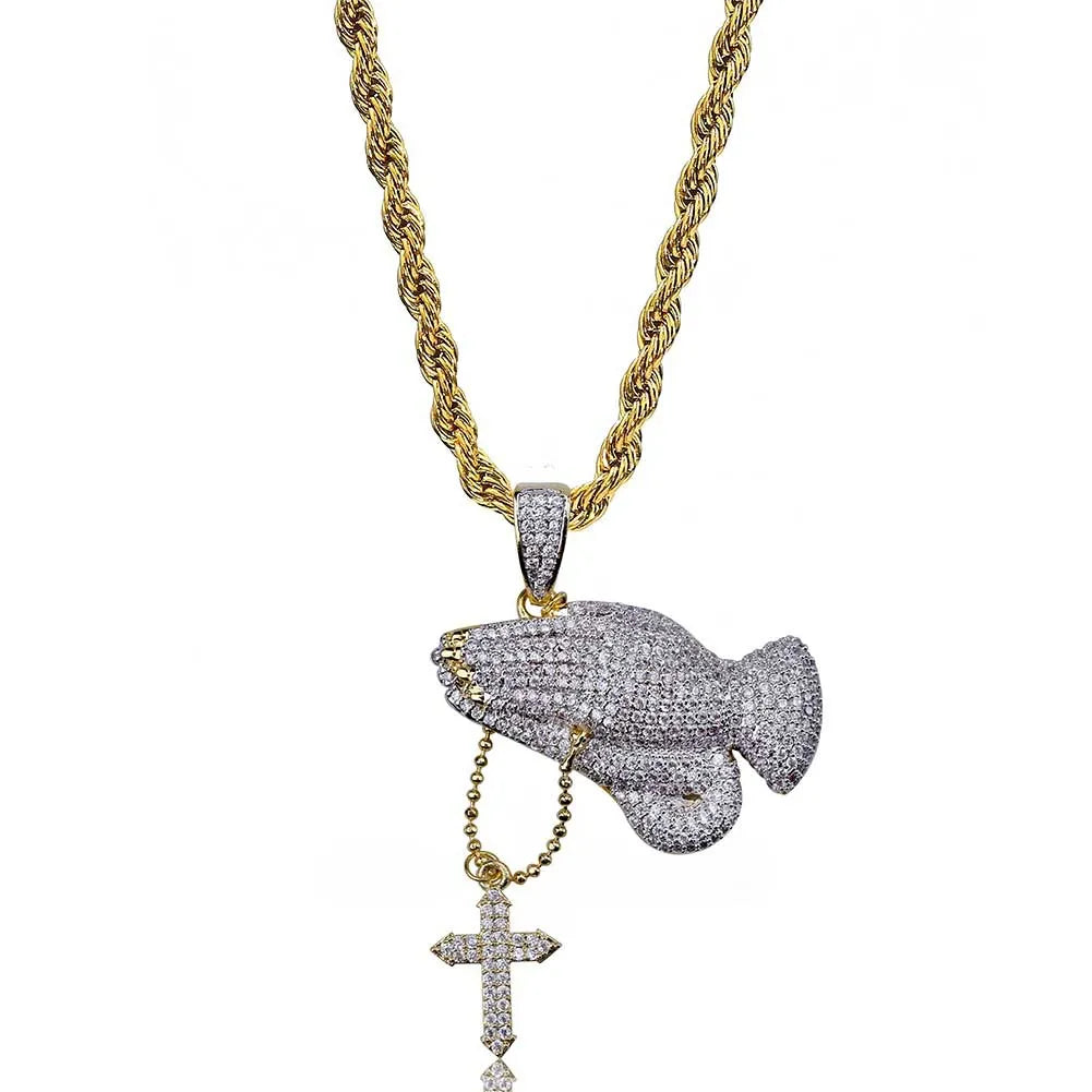 Iced Out CZ Praying Hands Cross Pendant Necklace - Elegant Religious Jewelry for Women - Perfect for Church, Weddings & Special Occasions