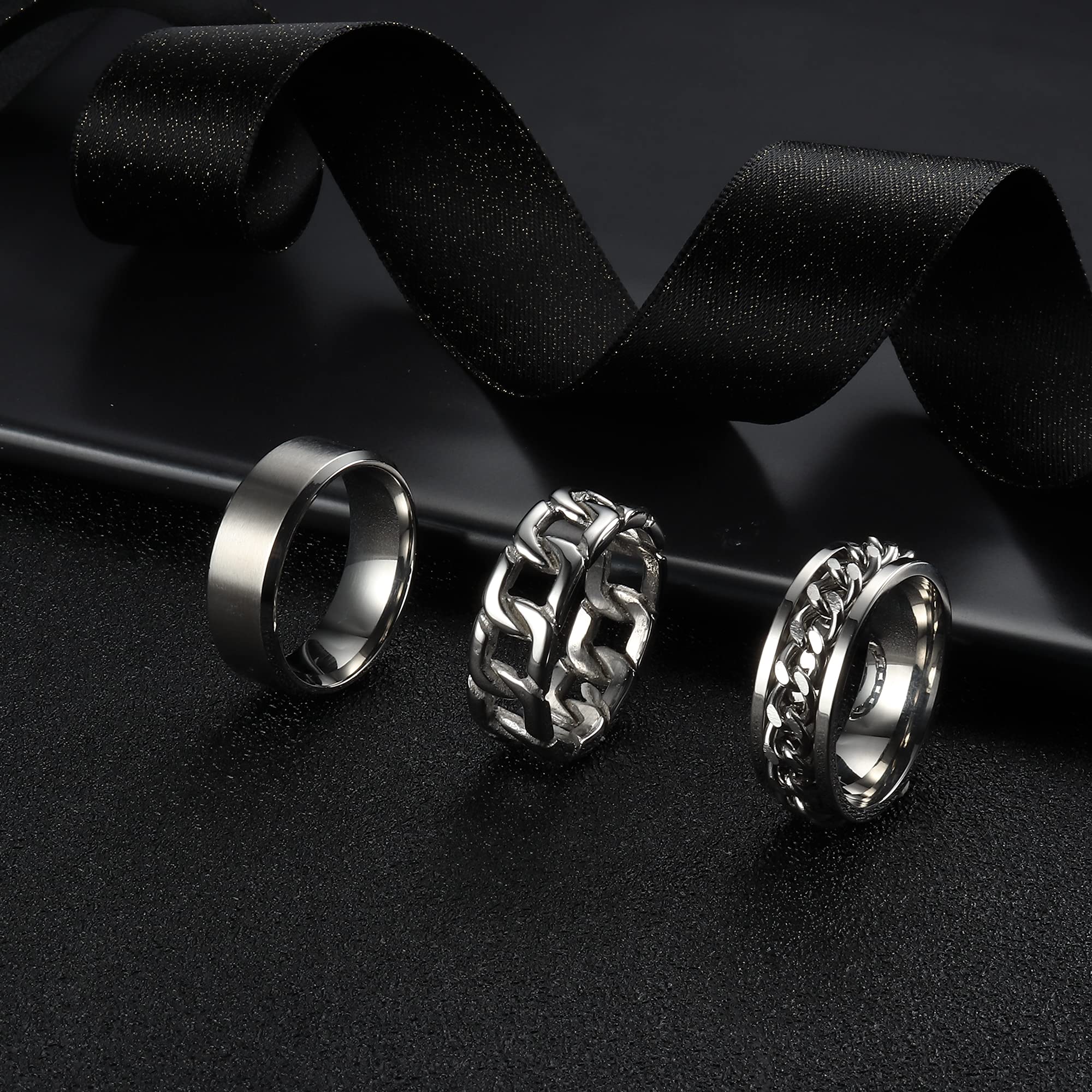 ORAZIO 3Pcs Stainless Steel Rings for Men & Women - Silver Plain Band, Cuban Link Chain & Spinner Ring Set | Size 6-14 | Wedding, Promise & Fashion Jewelry | Perfect for Gifts, Anniversaries & Everyday Wear