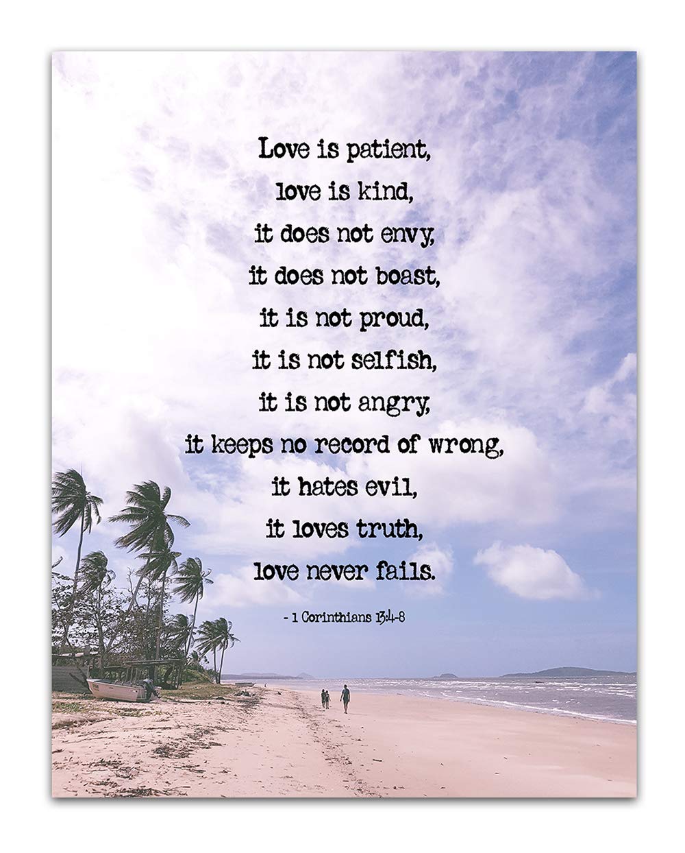 TJ Originals - 1 Corinthians 13:4-8 Bible Verse Wall Art, Love is Patient Love is Kind Christian Home Decor, 11x14 Inspirational Scripture Print, Purple Sky Religious Gift for Family & Friends - Perfect for Bedroom, Living Room, Church or Office Decor