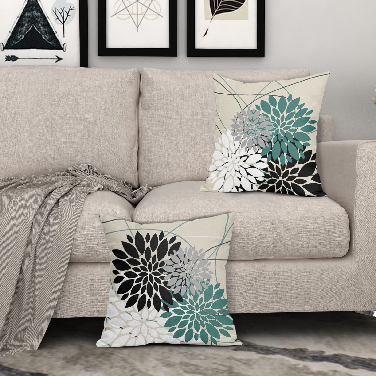 Premium 18x18 Inch Black Teal Floral Pillow Covers - Elegant Dahlia Flower Design in White & Gray - Set of 2 Modern Farmhouse Square Cushion Cases for Sofa, Couch, Bed, Living Room & Outdoor Decor - Soft Linen Throw Pillows for Home Styling & Comfort