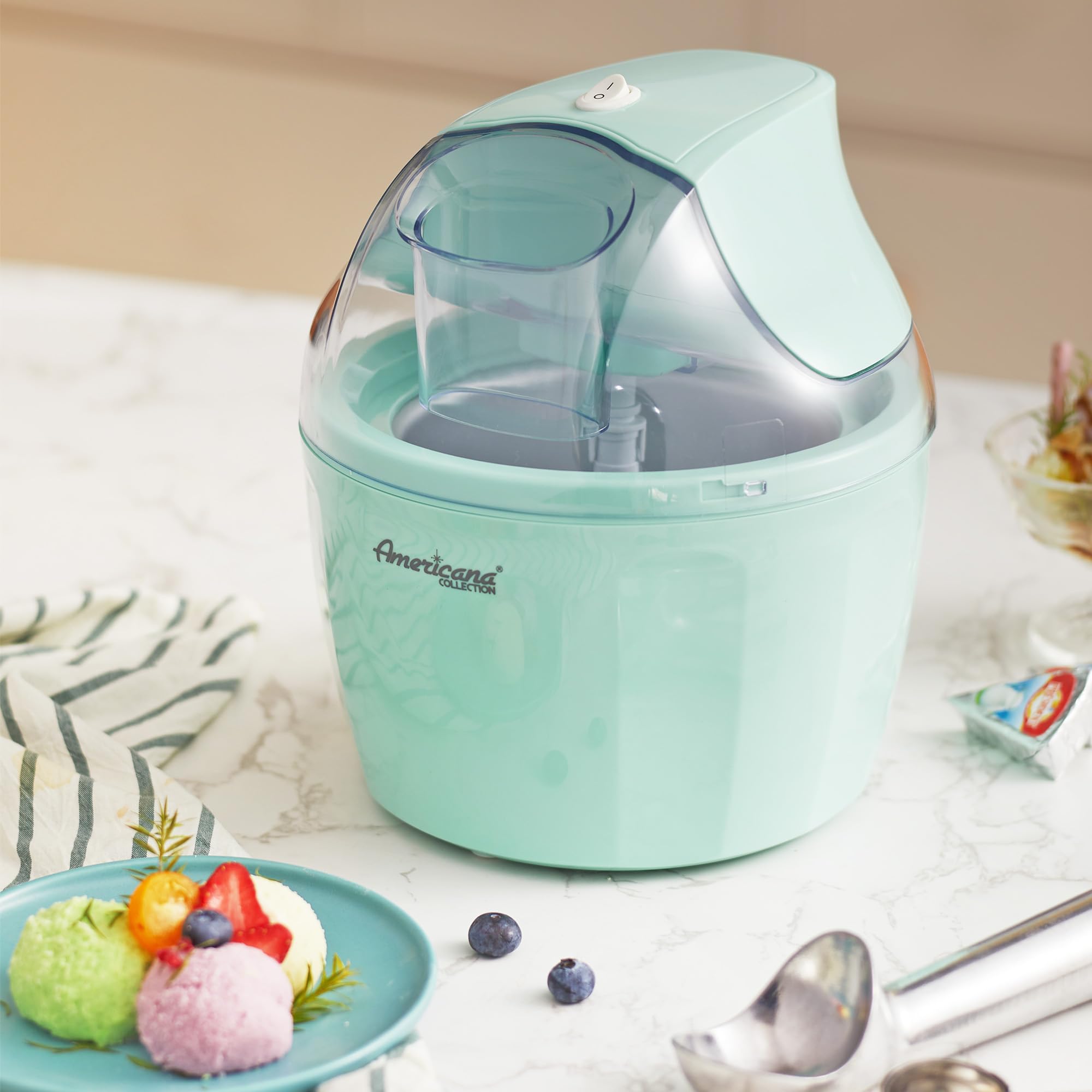Americana EIM-1400M 1.5 Quart Electric Ice Cream Maker - Automatic Homemade Ice Cream, Gelato, Frozen Yogurt & Sorbet Machine - No Salt Needed with Ingredient Chute & Recipe Book - Perfect for Parties, Family Gatherings & Summer Treats