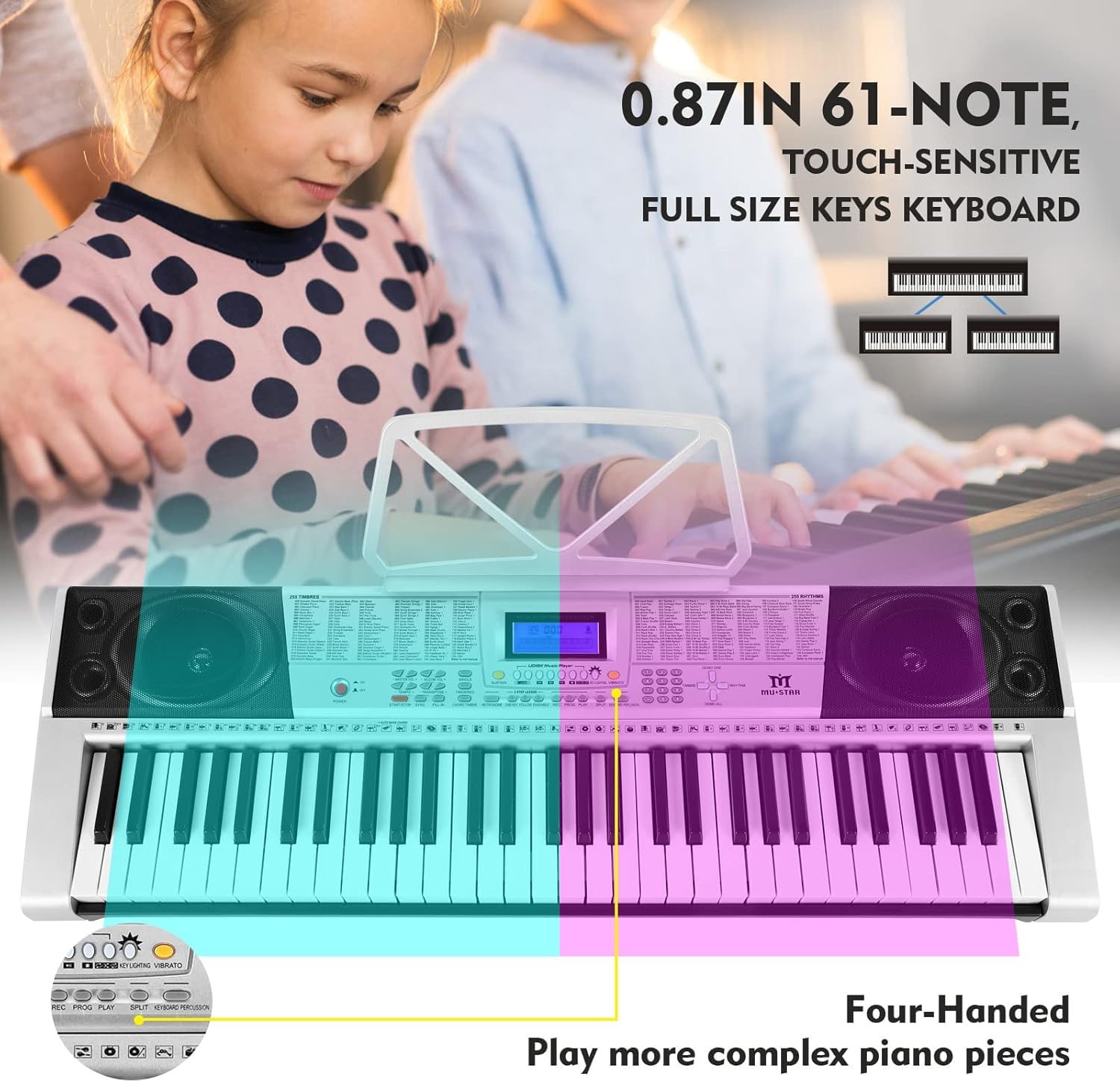 **MUSTAR 61-Key Light-Up Electric Keyboard Piano with Stand, Headphones & Microphone – Beginner Digital Piano with LCD Screen – Perfect for Learning, Holiday & Birthday Gifts (Silver)** – Ideal for Home Practice, Music Lessons & Live Performances