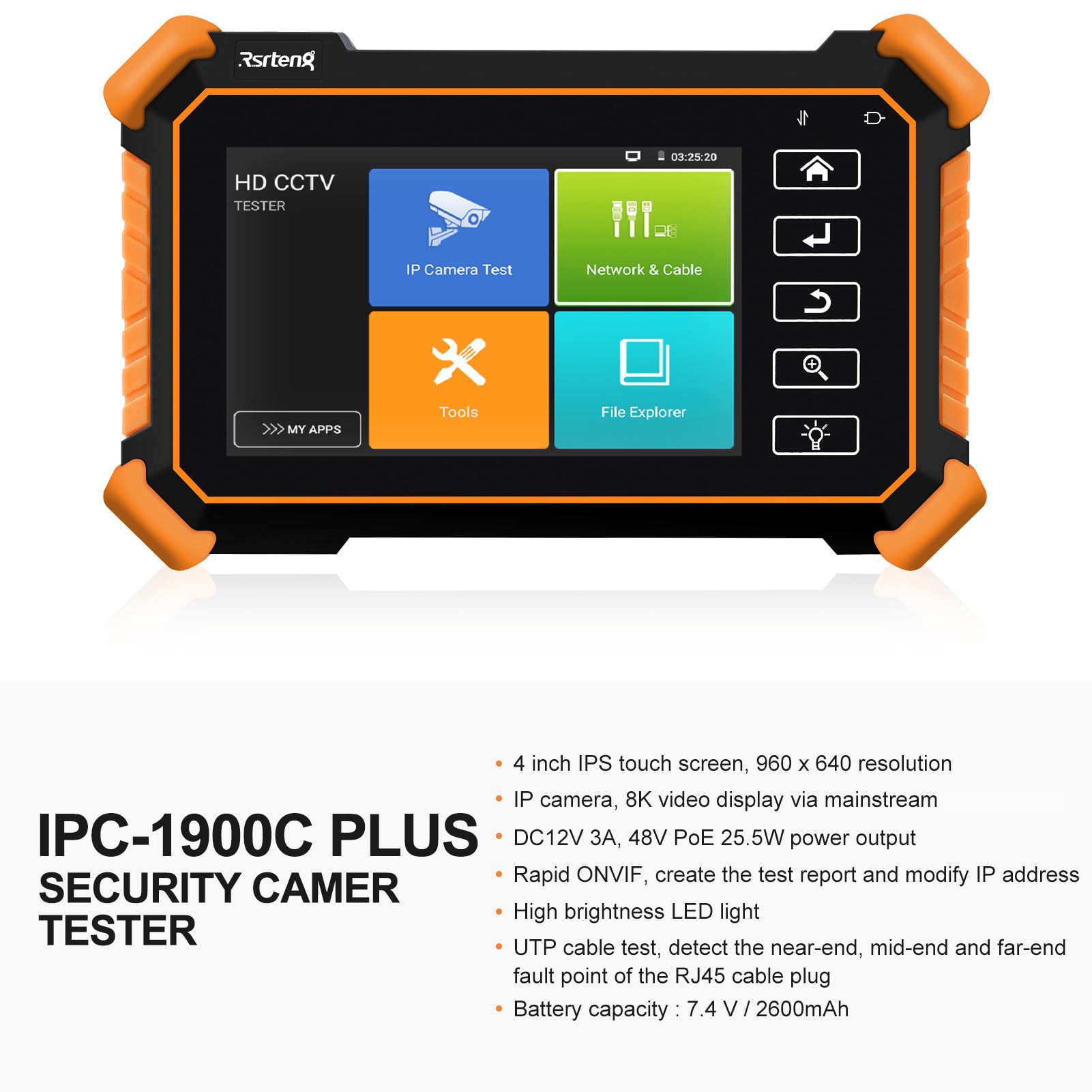Rsrteng WT255 CCTV Camera Tester with Cable Tracer - 4K/8MP/8K/32MP IP Camera Testing, 4-inch IPS Touch Screen, POE/PTZ/DC12V Support - Perfect for Security System Installation & Maintenance
