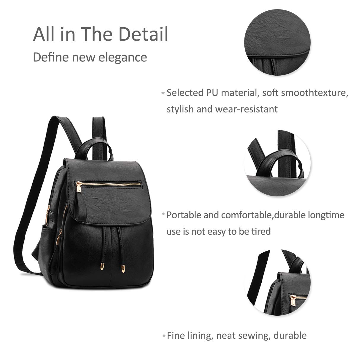 NICOLE&DORIS Women's Fashion Mini Backpack - Faux Leather Shoulder Bag Purse for Ladies & Girls, Black | Perfect for Work, School, Travel & Everyday Use