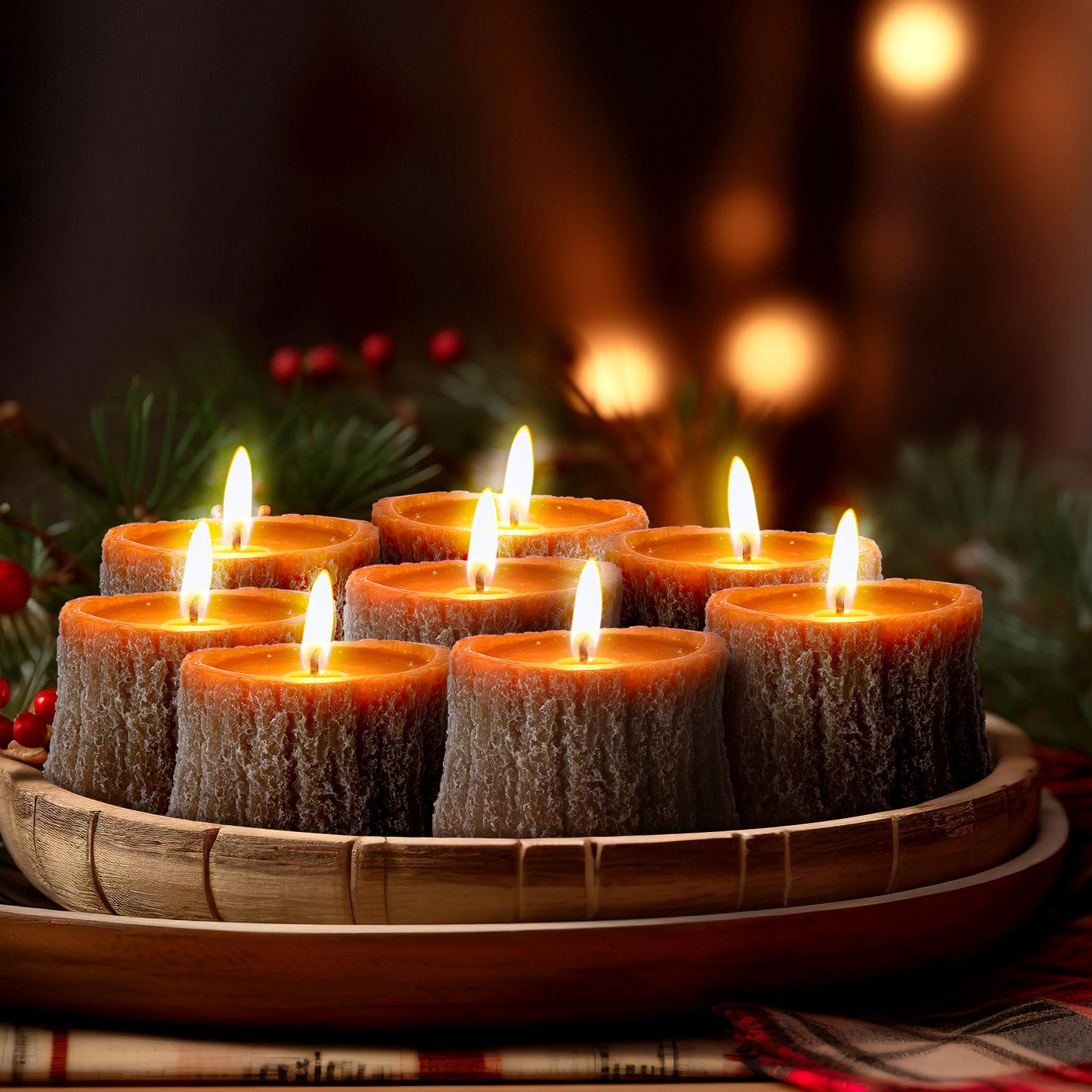 8 Pcs Christmas Scented Soy Candles Set - Handmade Tree Stump Tealight Candles 2.53 Inch, Rustic Bark Design for Holiday Home Decor | Perfect for Winter Mantel, Christmas Table Centerpiece & Cozy Gift Giving
