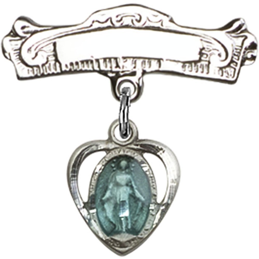 Sterling Silver Baby Badge with Blue Heart Charm - Miraculous Arch Polished Pin (3/4