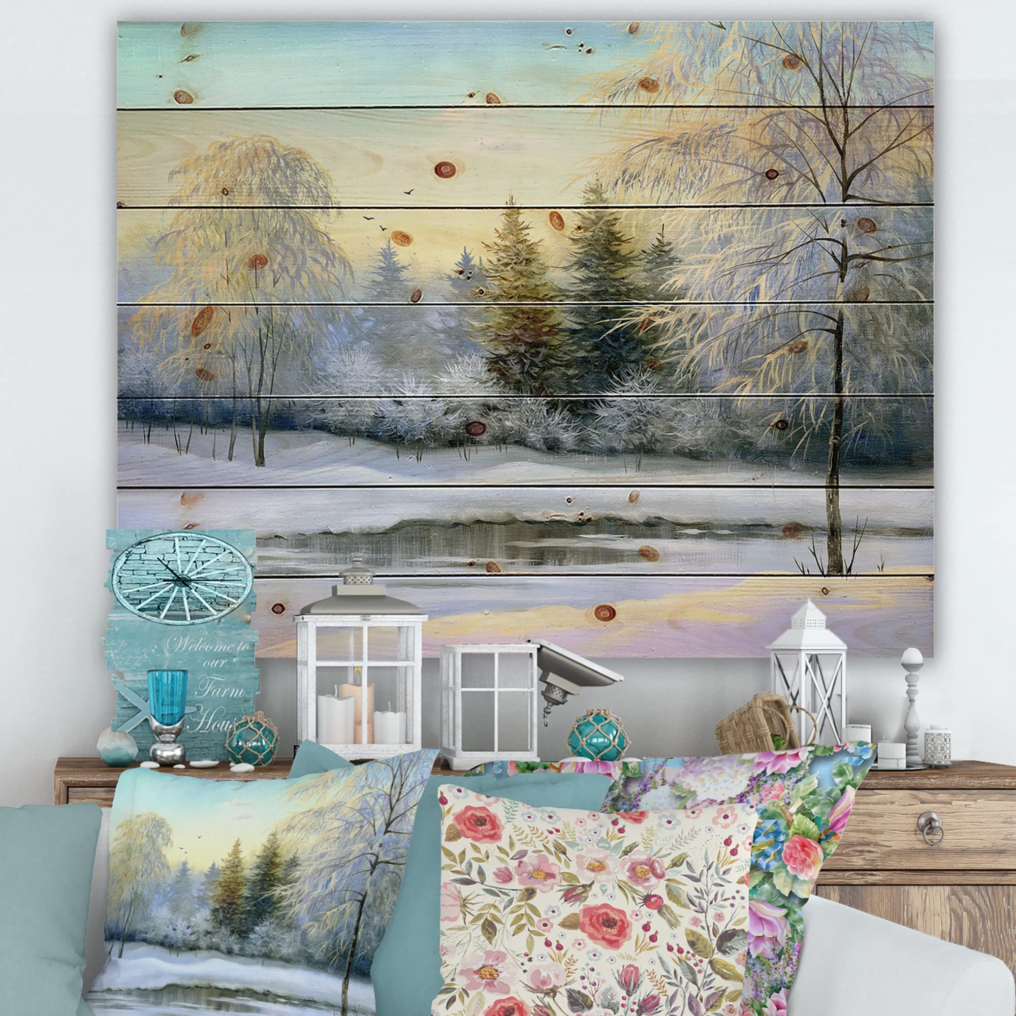 DesignQ Green Trees in Winter Landscape - Traditional Wood Wall Art Decor, Large White Pine Wood Wall Panels with Printed Scenery - Perfect for Living Room, Bedroom & Office Decoration