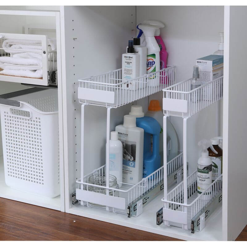 2-Tier Pull-Out Kitchen Drawer Organizer - White | Space Saving Cabinet Storage for Utensils, Spices & Small Items | Perfect for Pantry, Bathroom & Office Organization