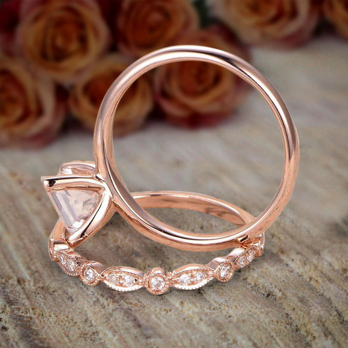 1.25 Carat Princess Cut Morganite & Diamond Moissanite Engagement Ring Set in 10k Rose Gold - Bridal Wedding Jewelry for Proposals, Anniversaries & Special Occasions