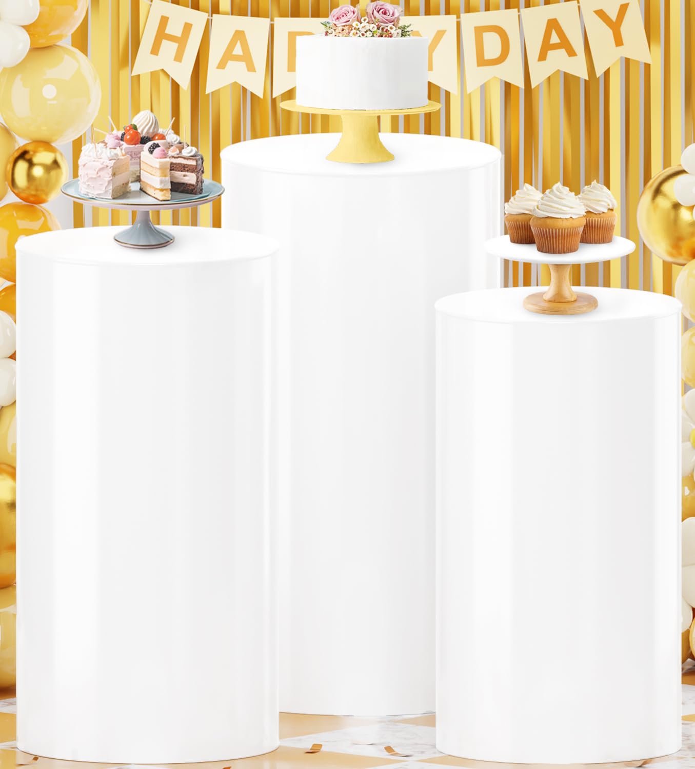 White Cylinder Pedestal Stand Set of 3 - Large Wedding Cake Stands, Party Display Pillars for Baby Showers, Birthdays & Events - Perfect for Dessert Tables, Centerpieces & Decorative Displays