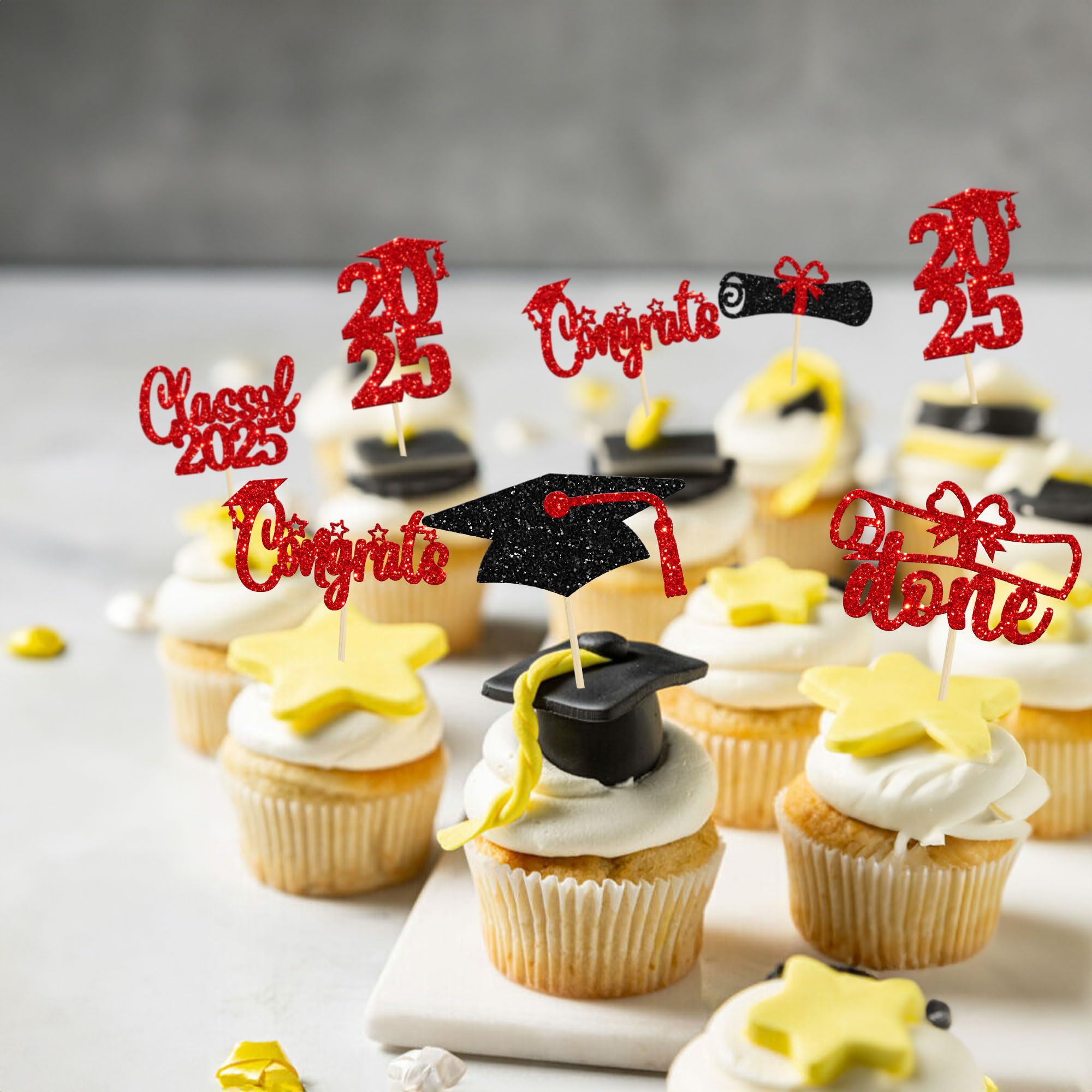 24 PCS 2025 Graduation Cupcake Toppers - Glitter Congrats Grad Cap & Diploma Cake Decorations - Red - Perfect for 2025 Graduation Party, School Celebration & Cake Decorating Supplies