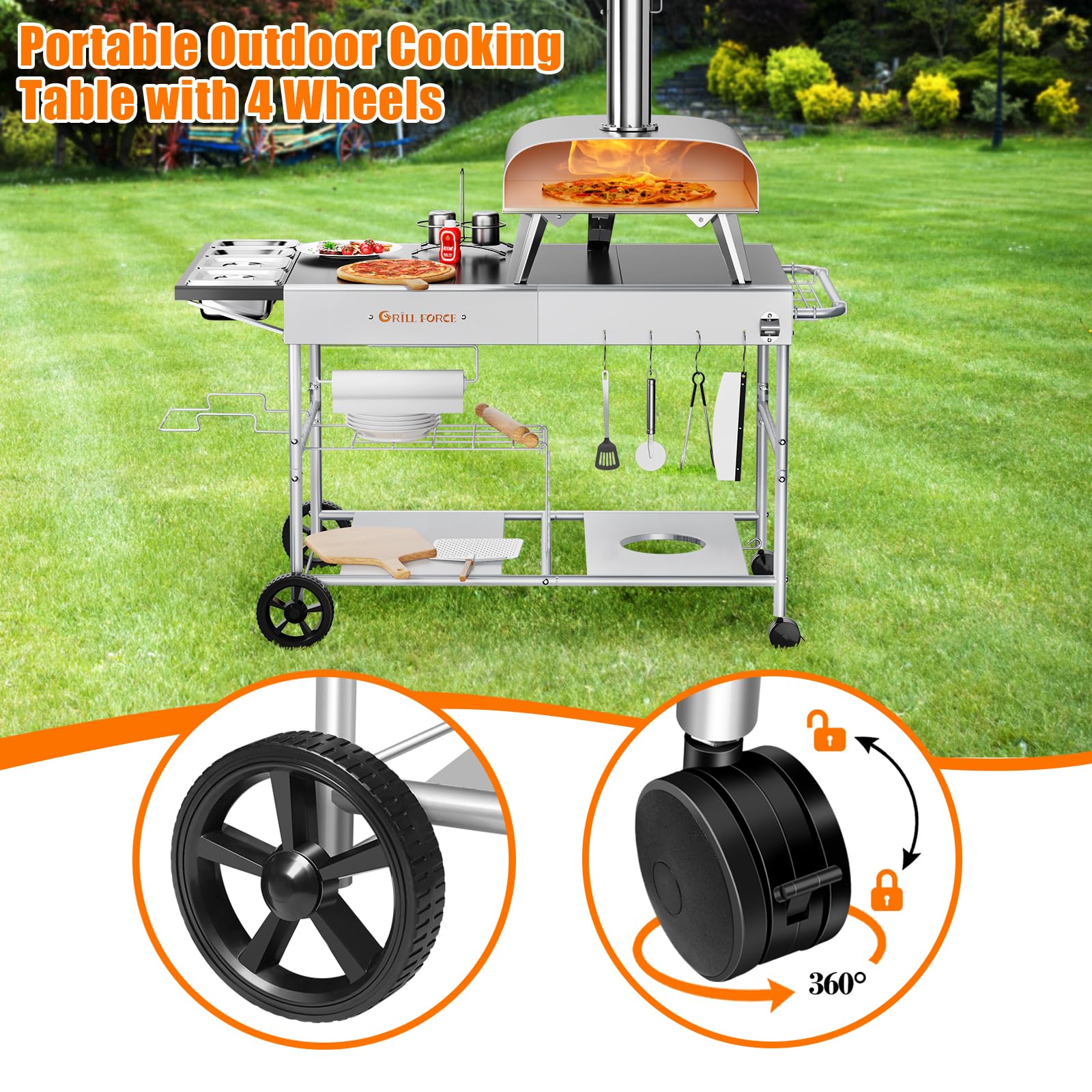 Premium Outdoor Pizza Oven Cart with Topping Station - Heavy Duty Grill Table for Ooni Koda/Karu/Fyra 16 & 12, Ninja Woodfire & Blackstone - Perfect for Backyard Cooking, Patio Entertaining & Outdoor Pizza Parties