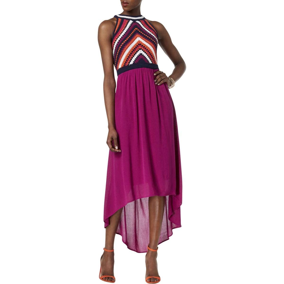 Sangria Women's High-Low Crochet Contrast Dress - Elegant Summer Beach Dress for Vacation, Party & Date Night