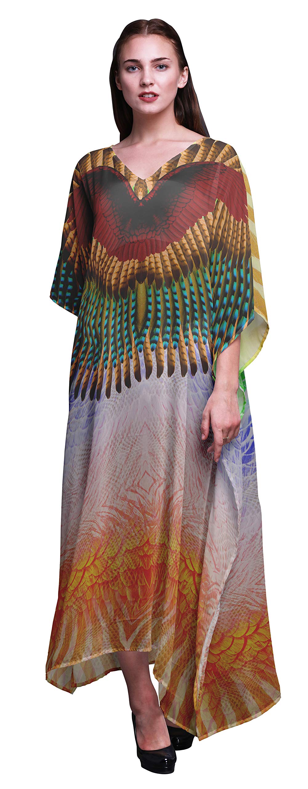 Tribal Feather Women's Long Beach Kaftan - Flowy Bikini Cover Up Maxi Dress for Summer Vacation, Pool Party & Boho Fashion | Lightweight Beachwear with Bohemian Style