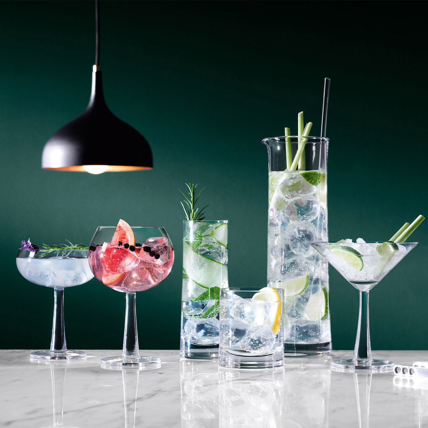 Premium LSA Gin Drinking Set - 4 Clear Balloon & Highball Glasses with Ice Bucket | Handcrafted Mouth-Blown Barware with Flared Stem & Base | Perfect for Cocktail Parties & Home Entertaining