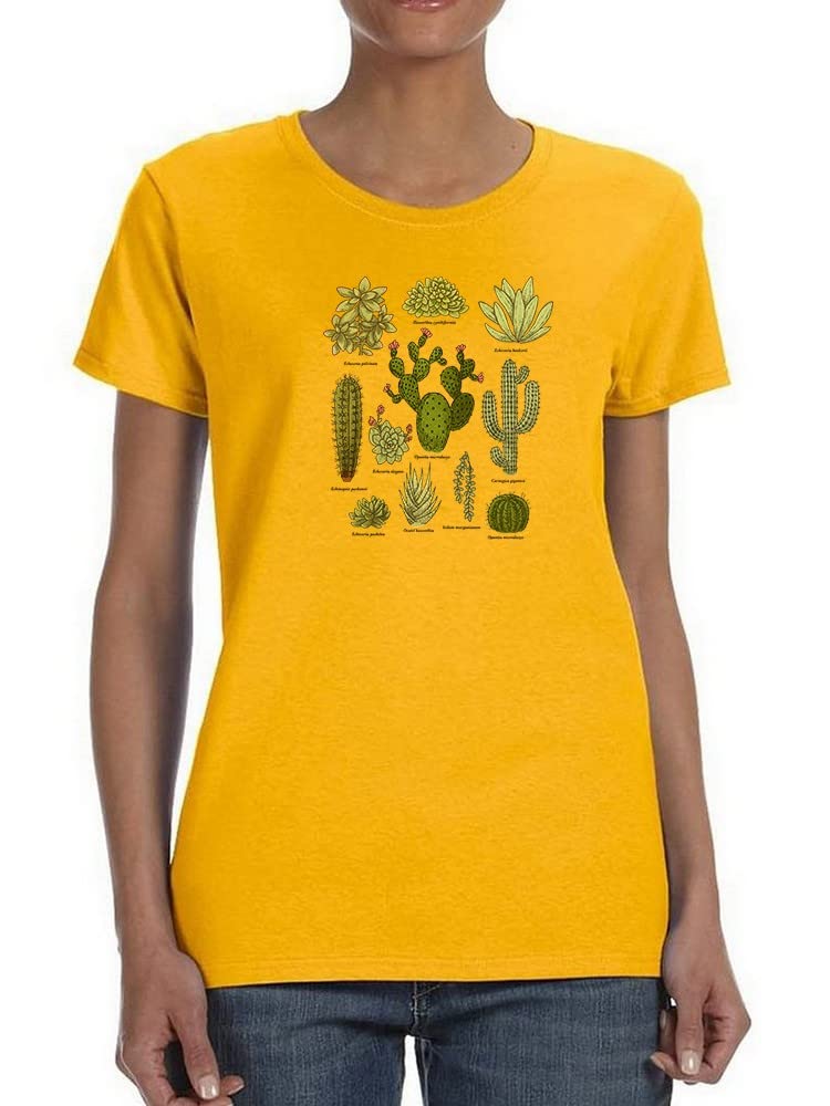 Stylish Women's Plants and Cacti Graphic T-Shirt | Trendy Botanical Print Tee | SmartPrintsInk Gold Design | Perfect for Casual Wear, Summer Outfits & Nature Lovers