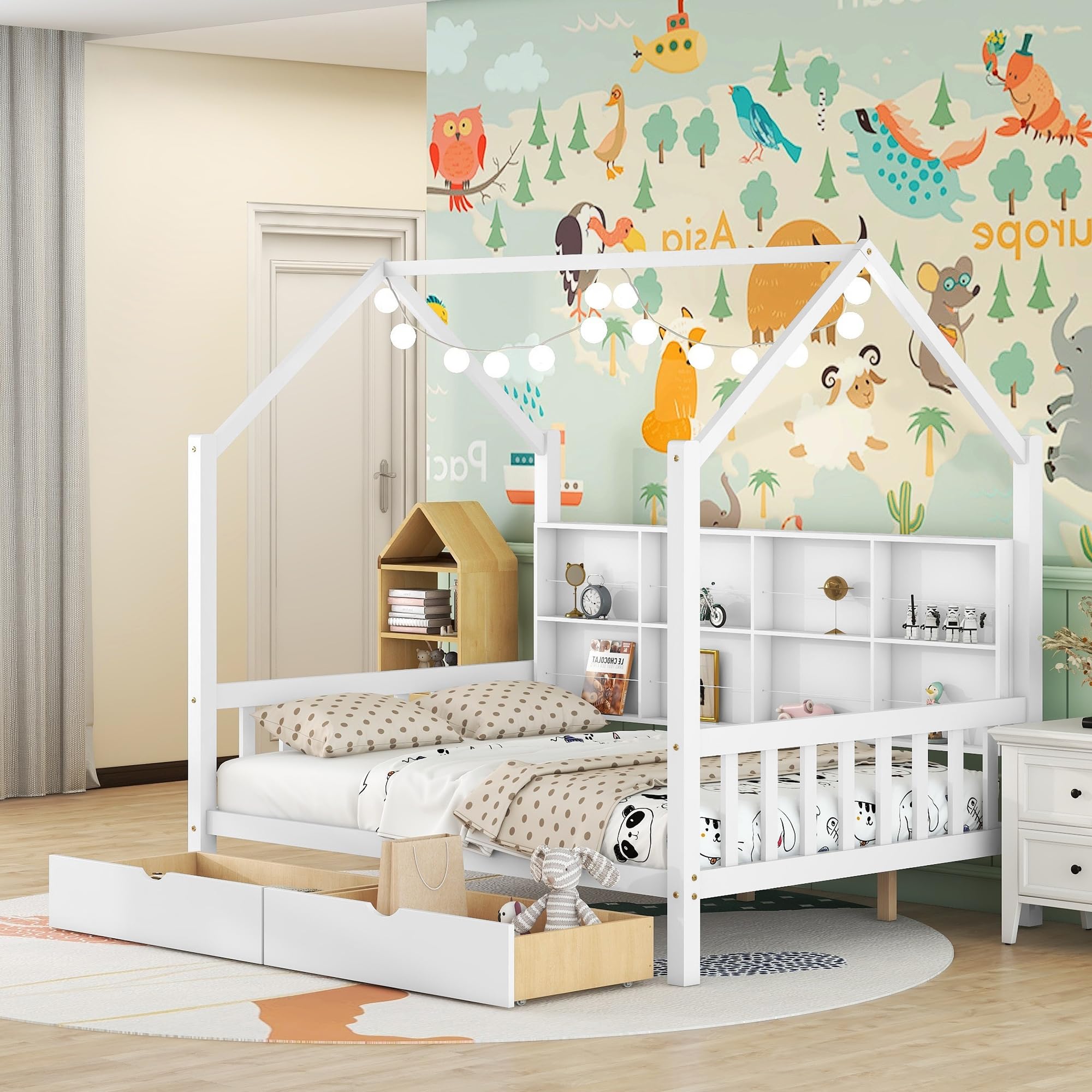 Montessori Full Size House Bed with 2 Drawers & Storage Shelves - White Wooden Playhouse Tent Bed Frame for Kids, Girls & Boys - Perfect for Bedroom Decor, Playtime & Montessori Learning Activities