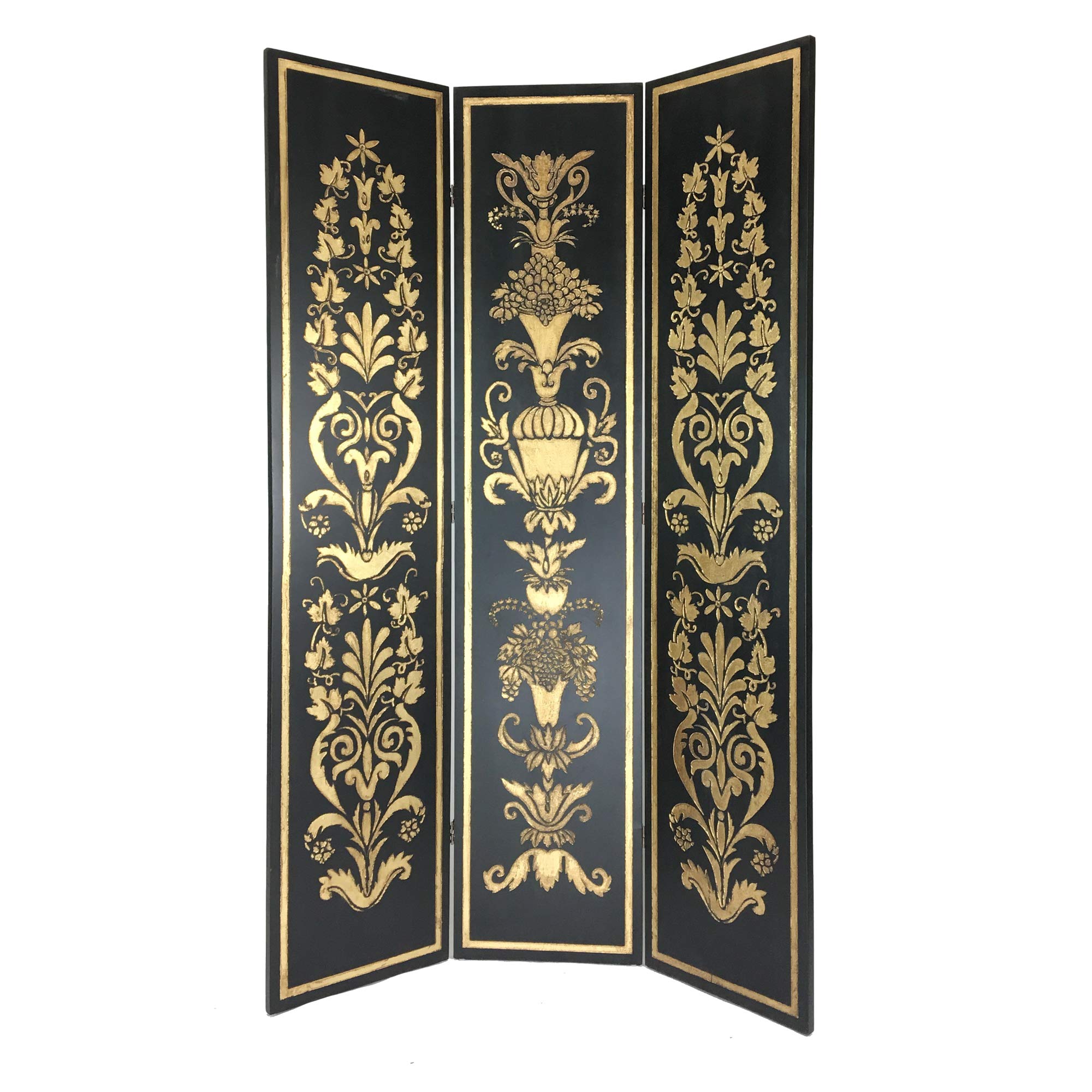 Benjara Wooden 3-Panel Room Divider - Double-Sided Motifs for Home & Office Decor