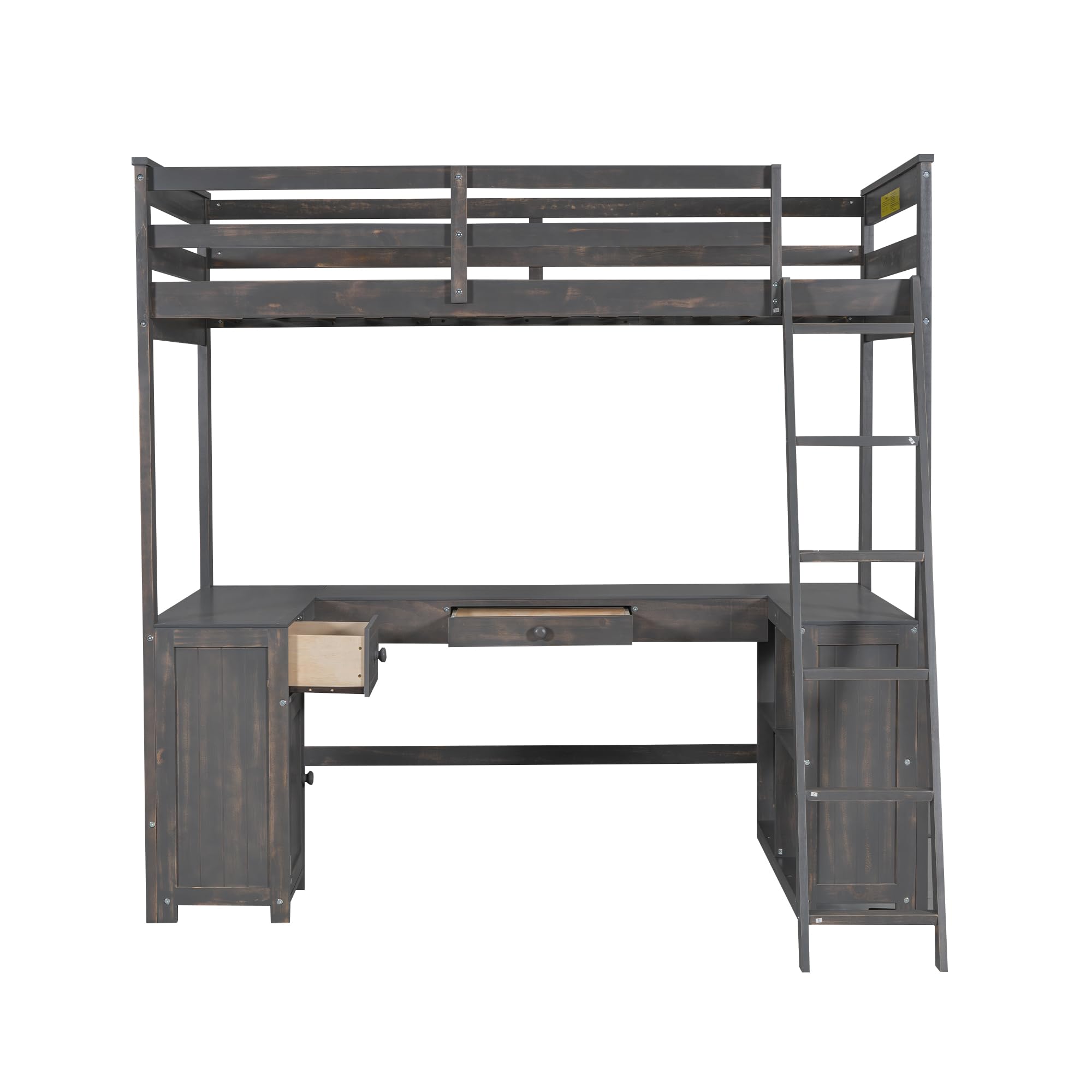 Harper & Bright Designs Twin Size Loft Bed with U-Shaped Desk & Storage - Wooden High Loft Bed Frame with Cabinet, Drawers & Shelves in Antique Brown - Perfect for Small Bedrooms, Kids Rooms & Dorm Rooms