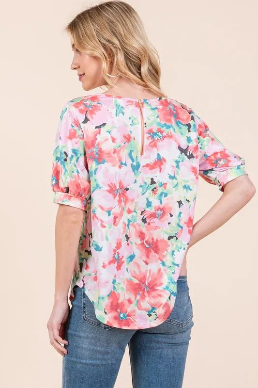 BOMBOM Women's Floral Print Round Neck Puff Sleeve Blouse - Casual Summer Tops for Date Night & Office Wear