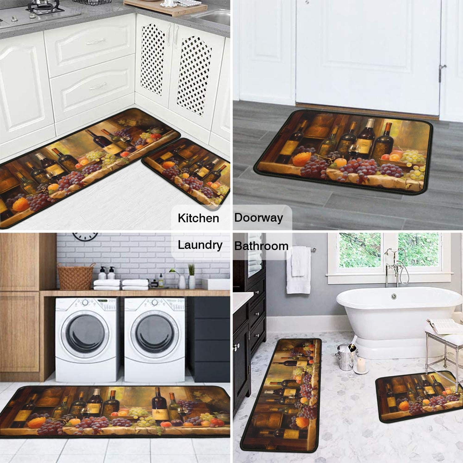 Premium 3D Wine-Themed Kitchen Rugs Set of 2 - Non-Slip Washable Runner Mats 17