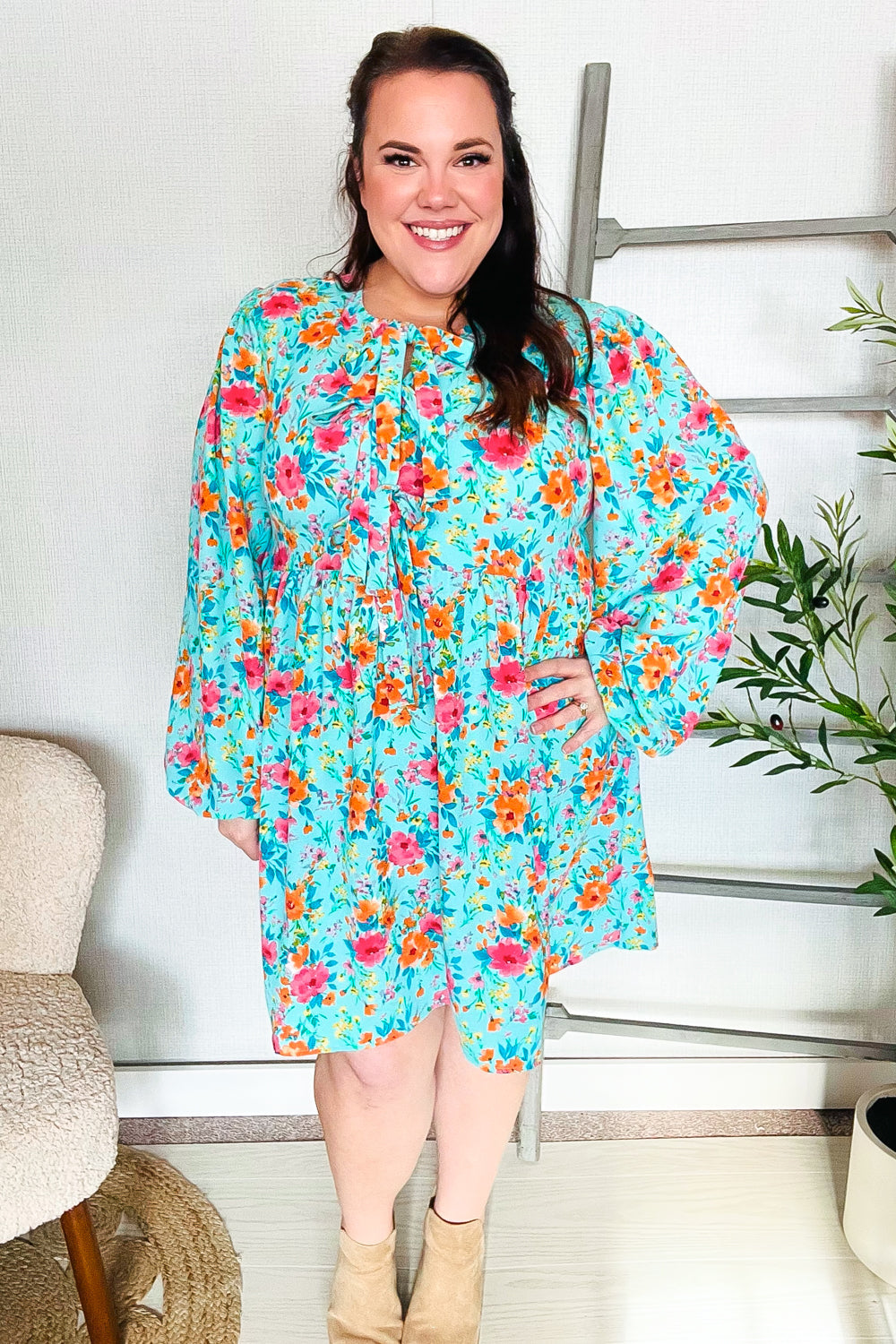 Feeling Femme Aqua Floral Ribbon Bow Tie Babydoll Dress - Elegant Summer Party Outfit for Women, Perfect for Weddings, Date Nights & Beach Vacations