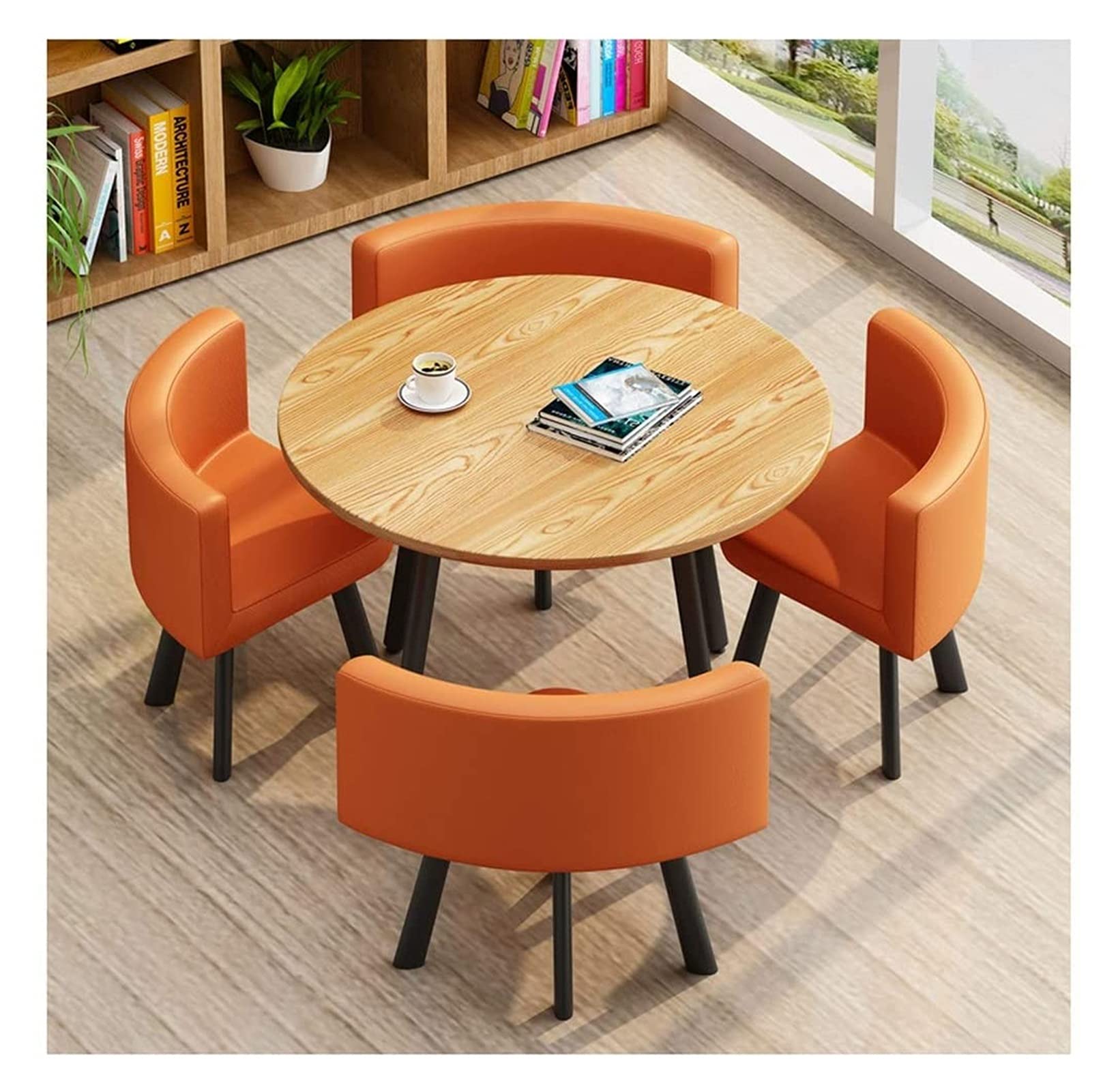 Modern Round Conference Table and Chair Set - 1 Table & 4 Chairs for Office, Home, Tea Room, Balcony & Reception - Orange Lounge Furniture for Meetings & Relaxation