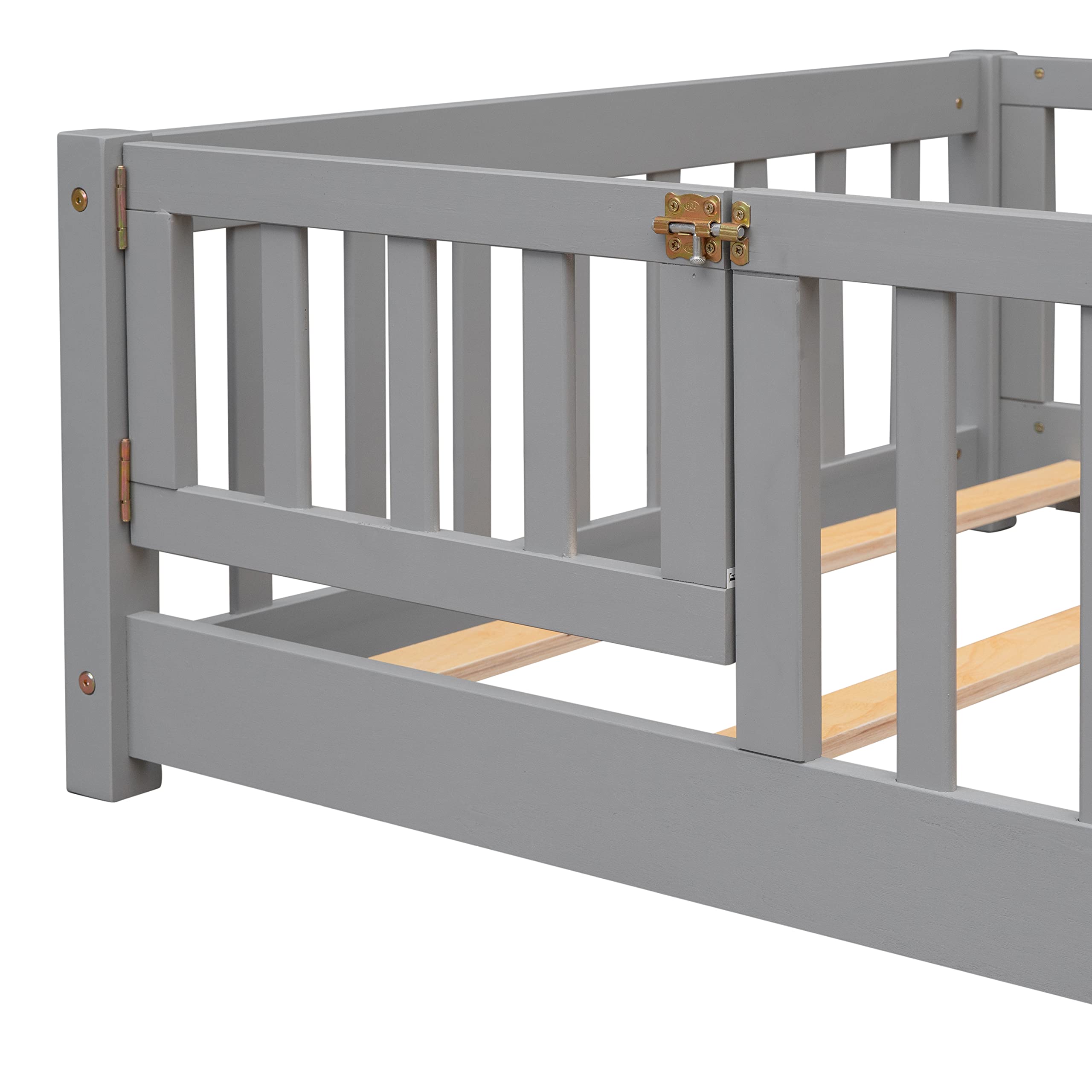 Twin Size Floor Platform Bed with Safety Fence - Wooden Playpen Bed for Kids & Toddlers - No Box Spring Needed - Grey - Perfect for Nursery, Daycare or Kids' Bedroom Safety