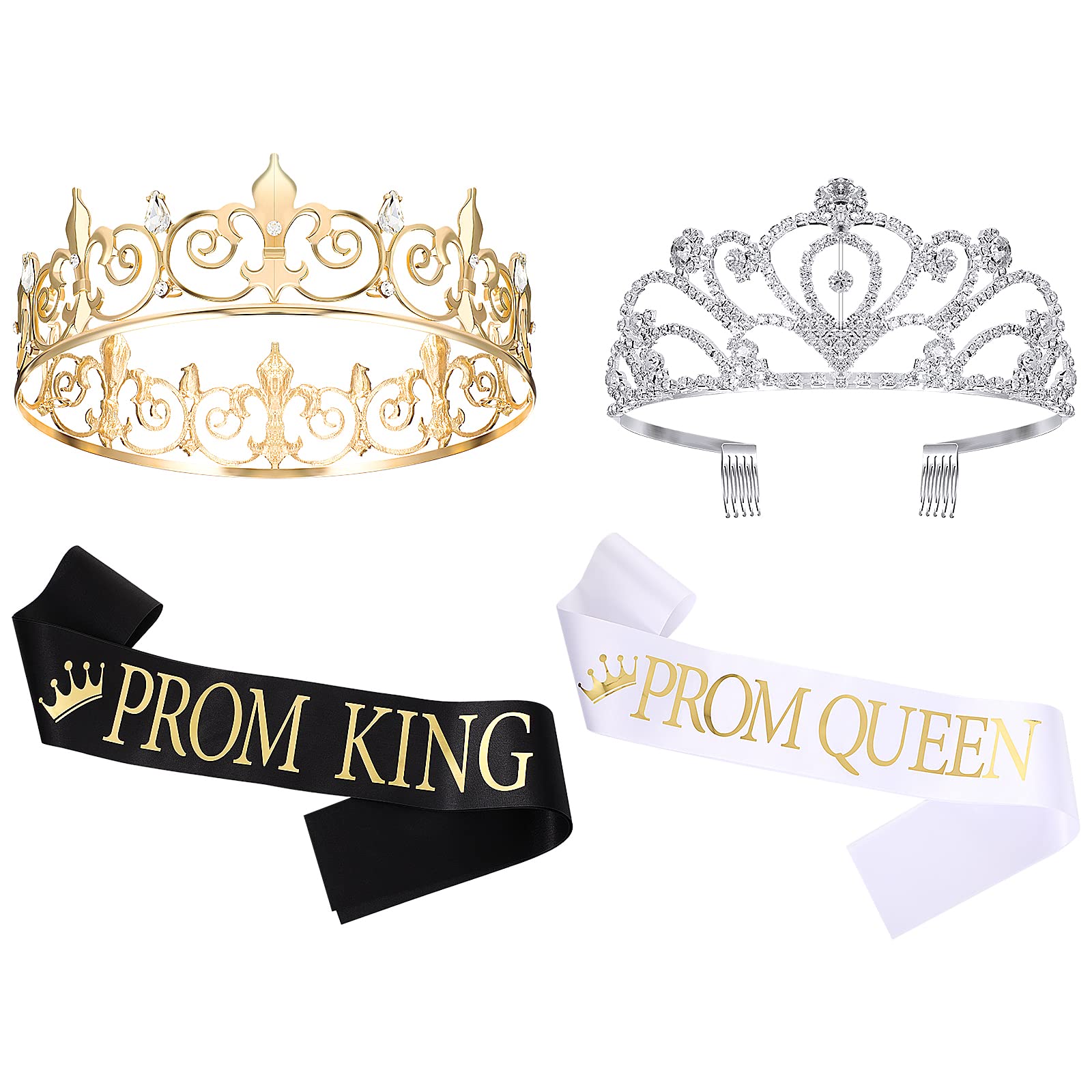 Saintrygo 80s Prom King & Queen Crown Set - Shiny Satin Tiara & Sash for Adults (4-Piece Modern Style) - Perfect for 2025 Graduation, Cosplay, Themed Parties & Retro Prom Events