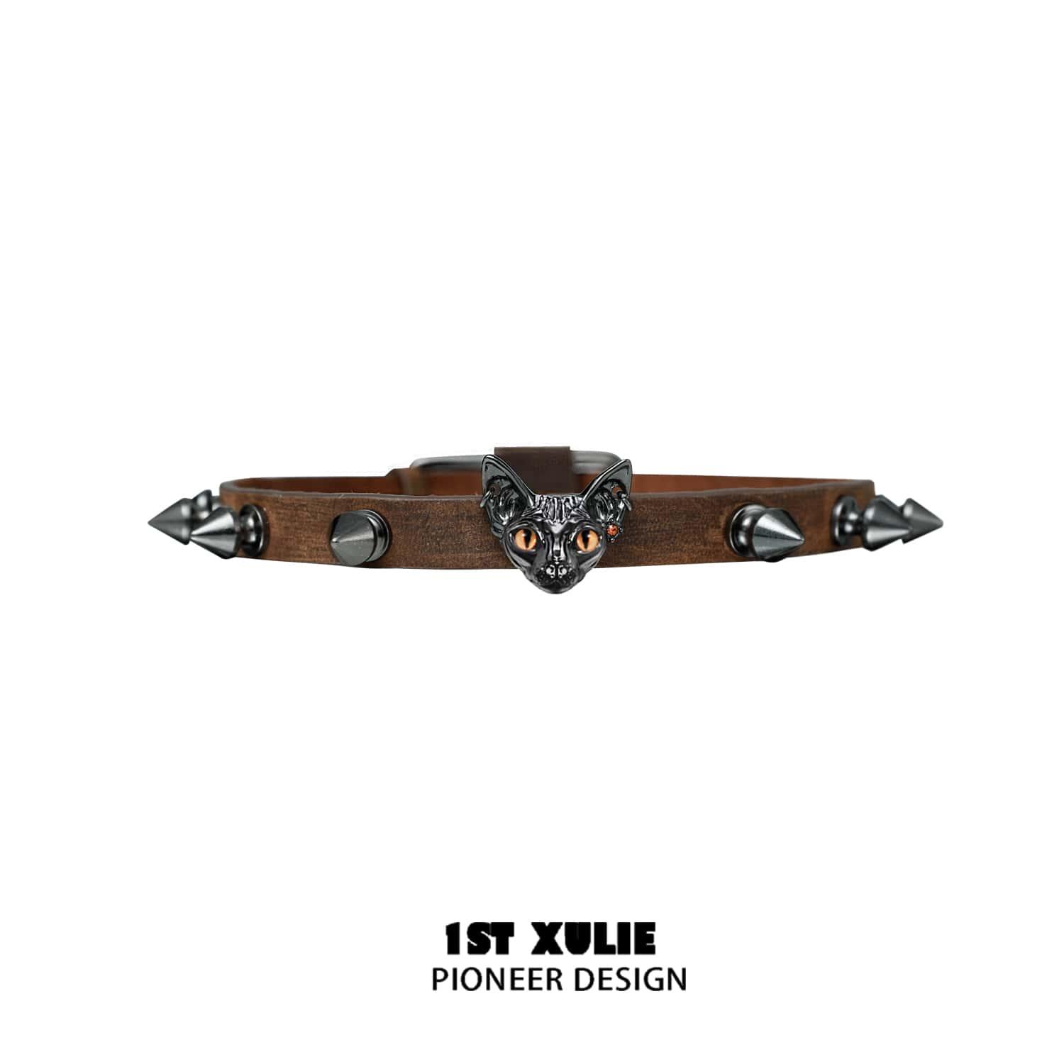 Stylish Cowhide Studded Choker for Women - Gothic Cat Eye Design Leather Necklace - Perfect for Halloween, Cosplay & Punk Fashion Accessories