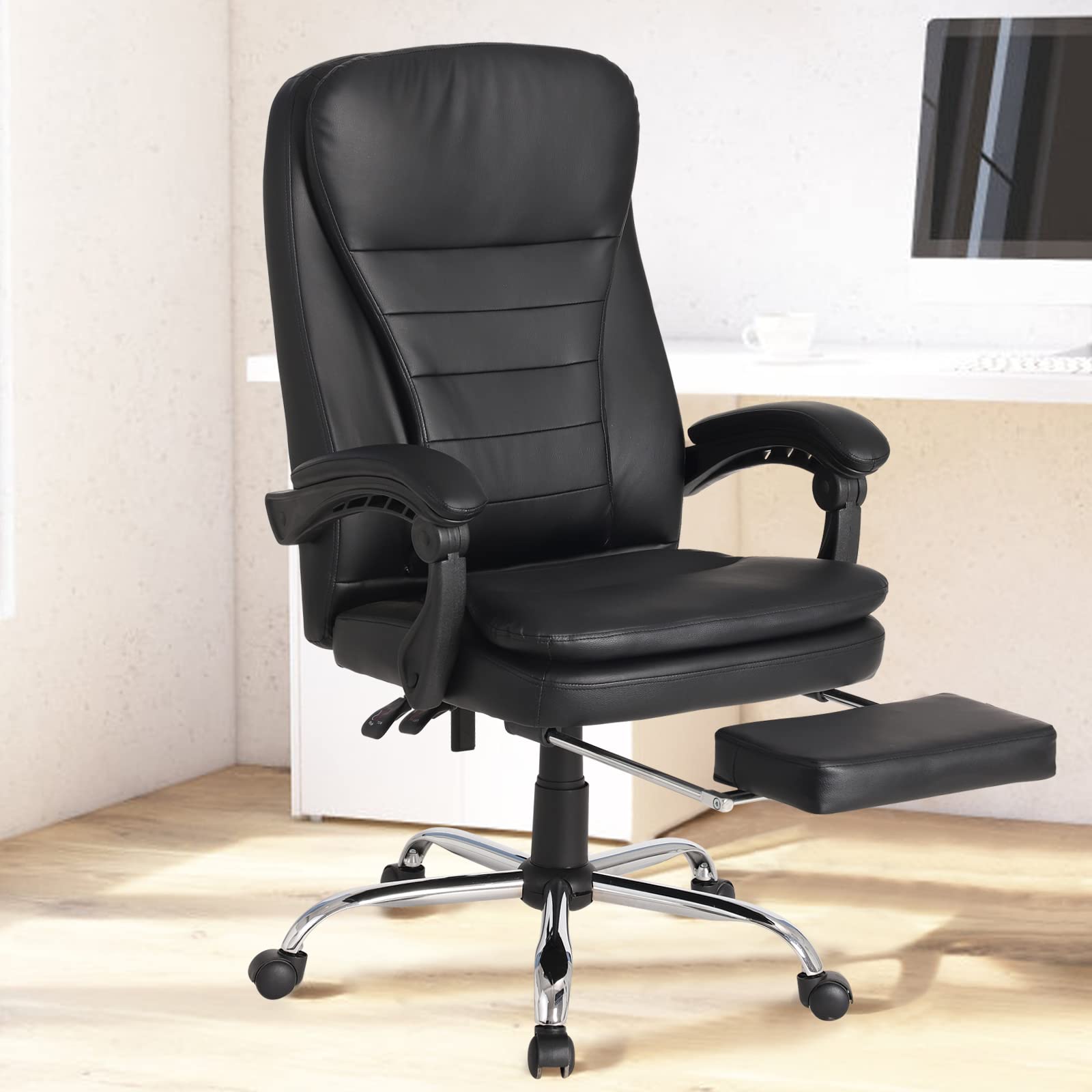 Premium Ergonomic Leather Executive Office Chair - High Back Swivel Rolling Computer Desk Chair with Adjustable Footrest for Home & Gaming (Black) | Ideal for Long Work Hours, Gaming Sessions & Office Comfort