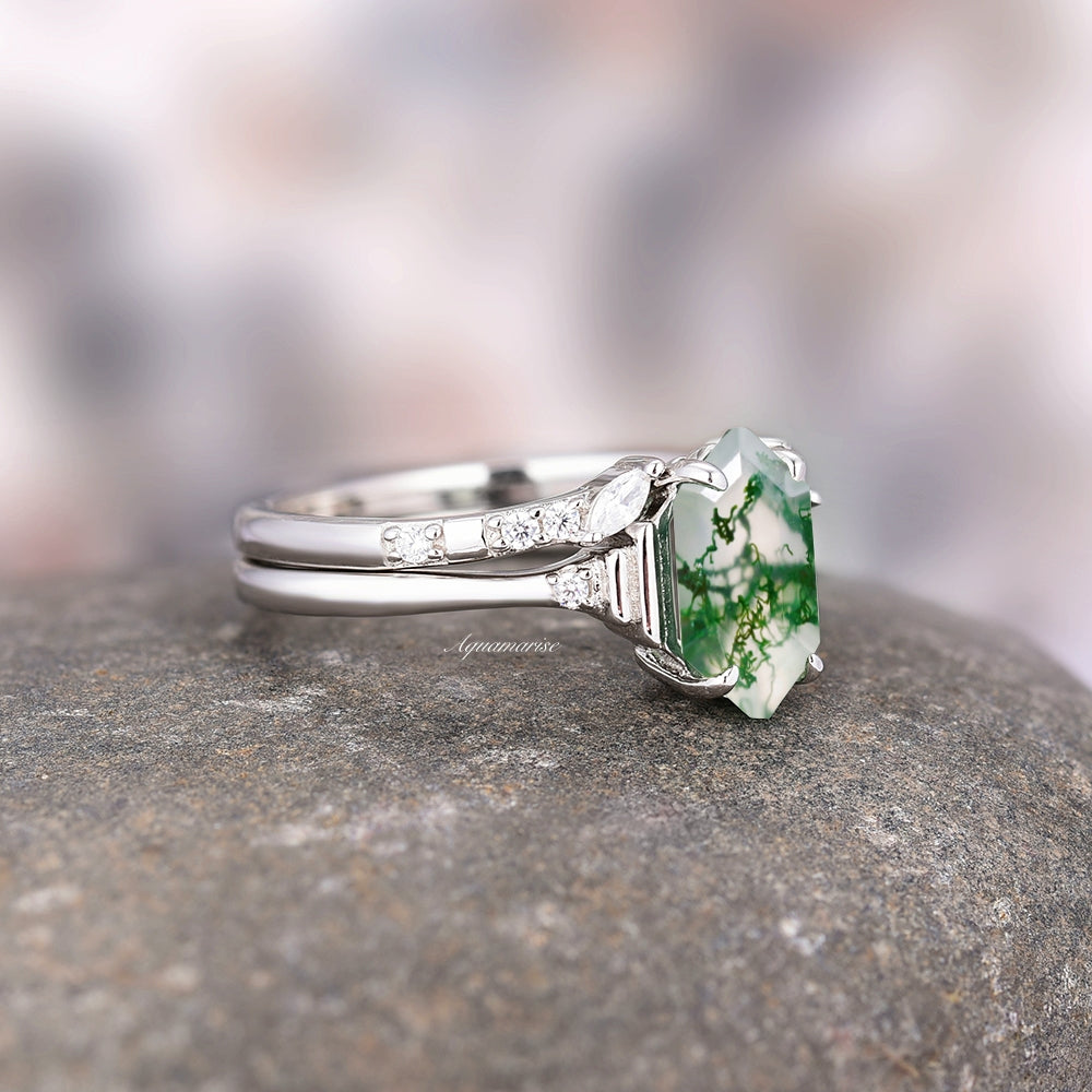 Hexagon Green Moss Agate Ring Set - 925 Sterling Silver Women's Jewelry | Nature-Inspired Boho Style for Wedding, Gift & Everyday Wear