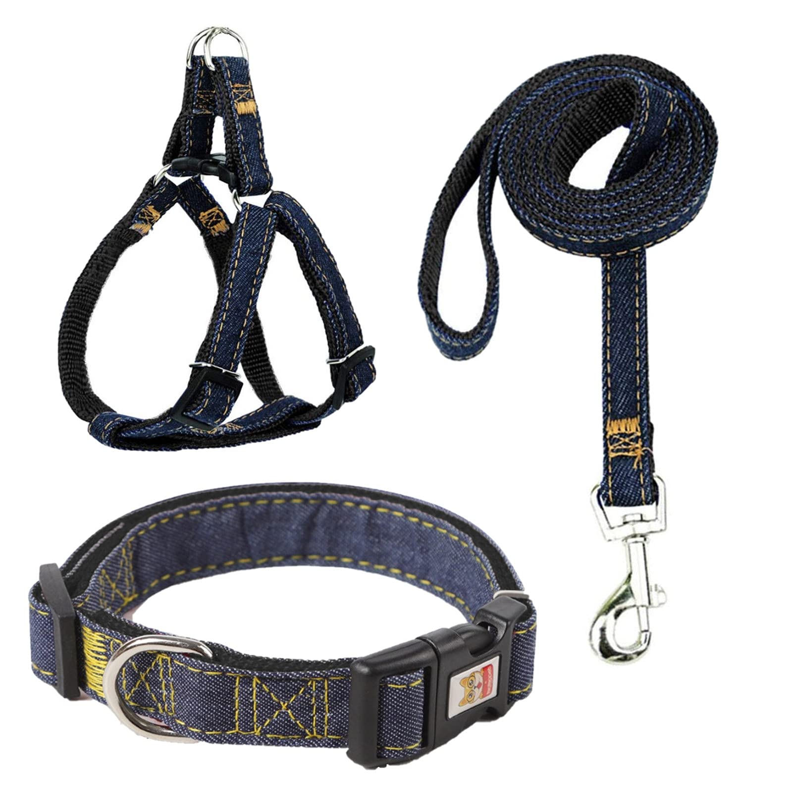 **Premium Dog Collar and Leash Set - Adjustable Nylon Harness for Small, Medium & Large Dogs - Heavy Duty Denim Design with Back Clip & Anti-Twist - Ideal for Walking, Training & Outdoor Adventures (Black)**