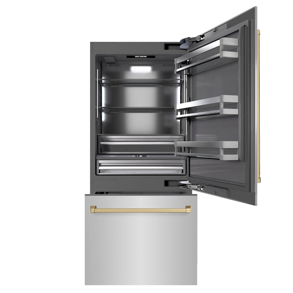 ZLINE Autograph Edition 36 Inch Built-In Bottom Freezer Refrigerator - 19.8 cu.ft Capacity, Stainless Steel with Graphite Gray Interior & Champagne Bronze Accents, Water Dispenser & Ice Maker - Perfect for Modern Kitchens & Open-Concept Homes (GRBITZ 304 36CB)