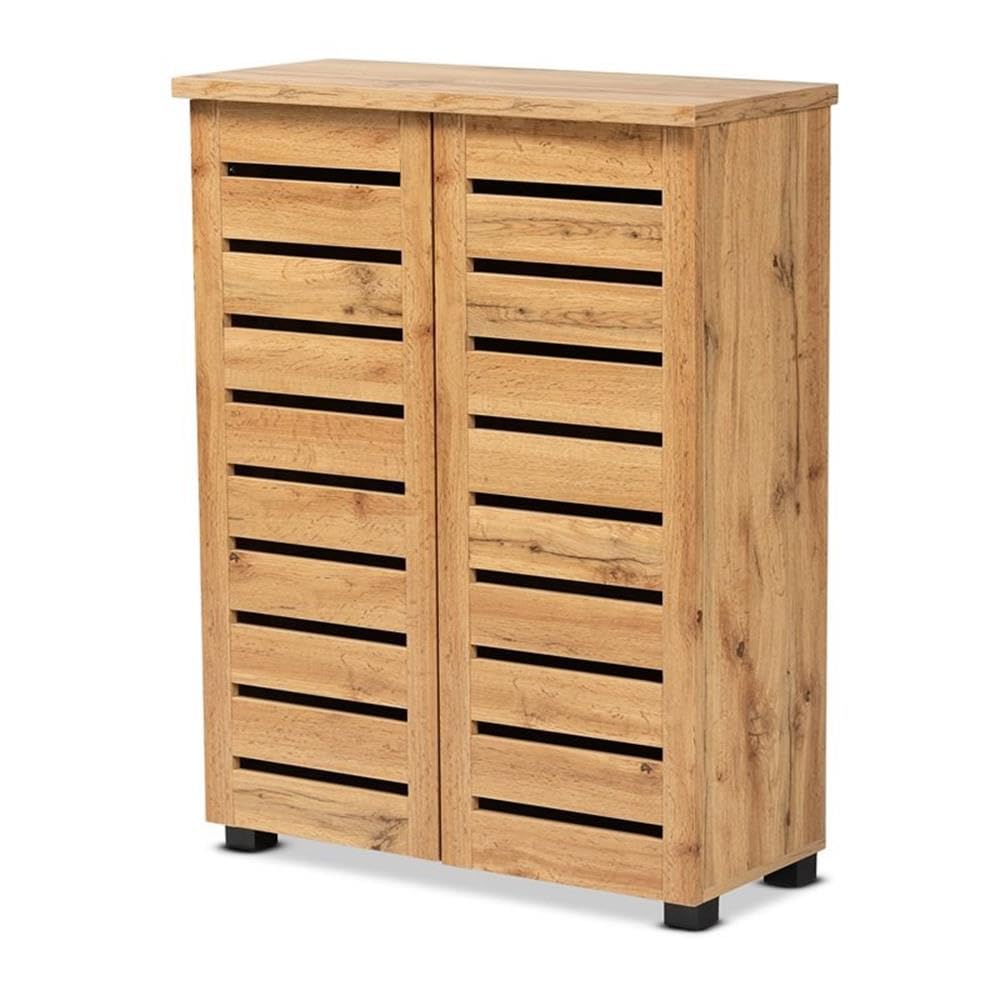 BOWERY HILL Modern Shoe Storage Cabinet - 2 Door Oak Brown Finished Wood Organizer for Entryway, Closet & Bedroom