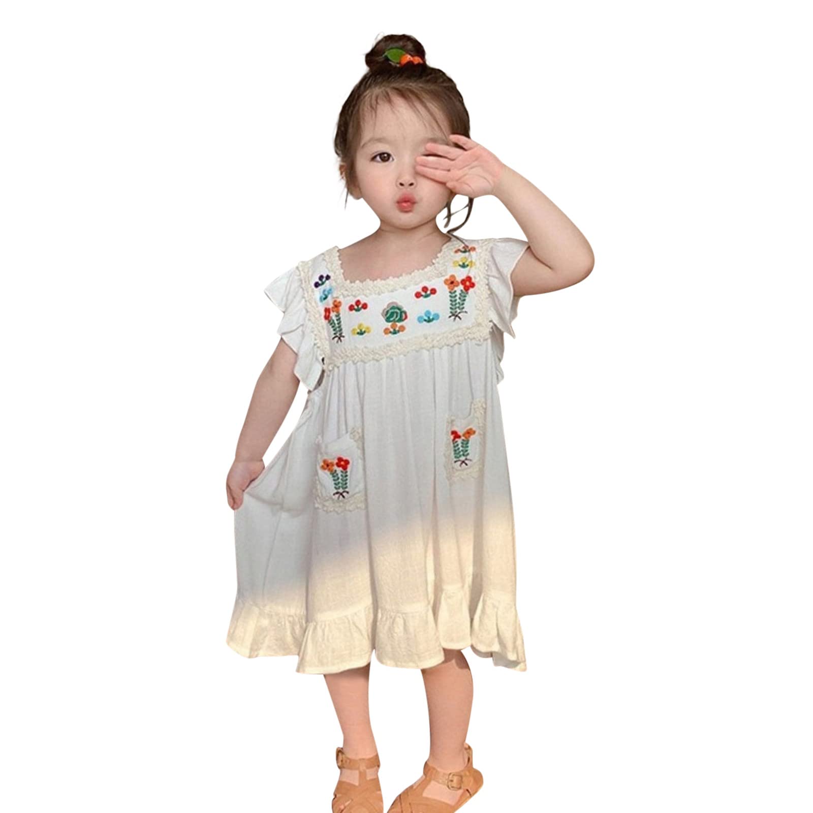 Toddler Girls Summer Dress - Linen Short Sleeve with Floral Embroidery | Princess Style Baby Clothes for Outdoor Play & Special Occasions