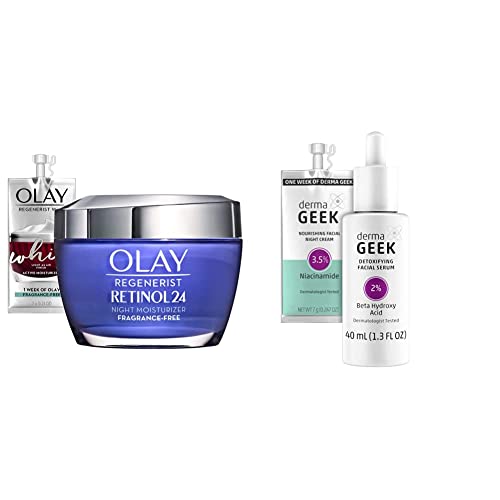 Olay Regenerist Retinol 24 Night Face Cream 1.7oz + Whip Moisturizer Travel Size + 2% BHA Detoxifying Serum 1.3oz + 3.5% Niacinamide Night Cream - Anti-Aging Skincare Set for Wrinkles & Dark Spots - Perfect for Night Routine & Travel Skincare