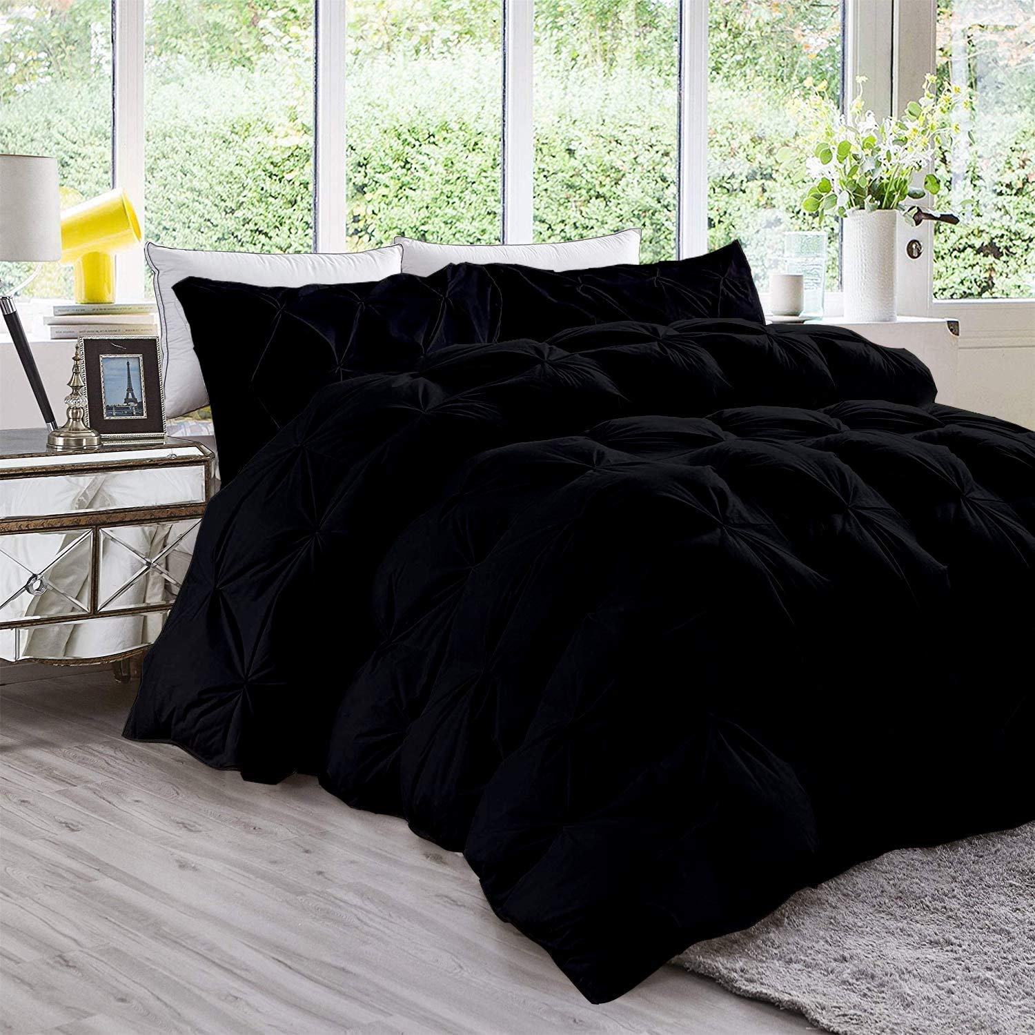100% Organic Cotton Pinch Pleated Comforter Set - Queen Size 3PC (Comforter + 2 Pillow Shams) | 500 GSM Ultra Soft & Lightweight All-Season Bedding | Black | Perfect for Master Bedroom, Guest Room & Cozy Home Decor