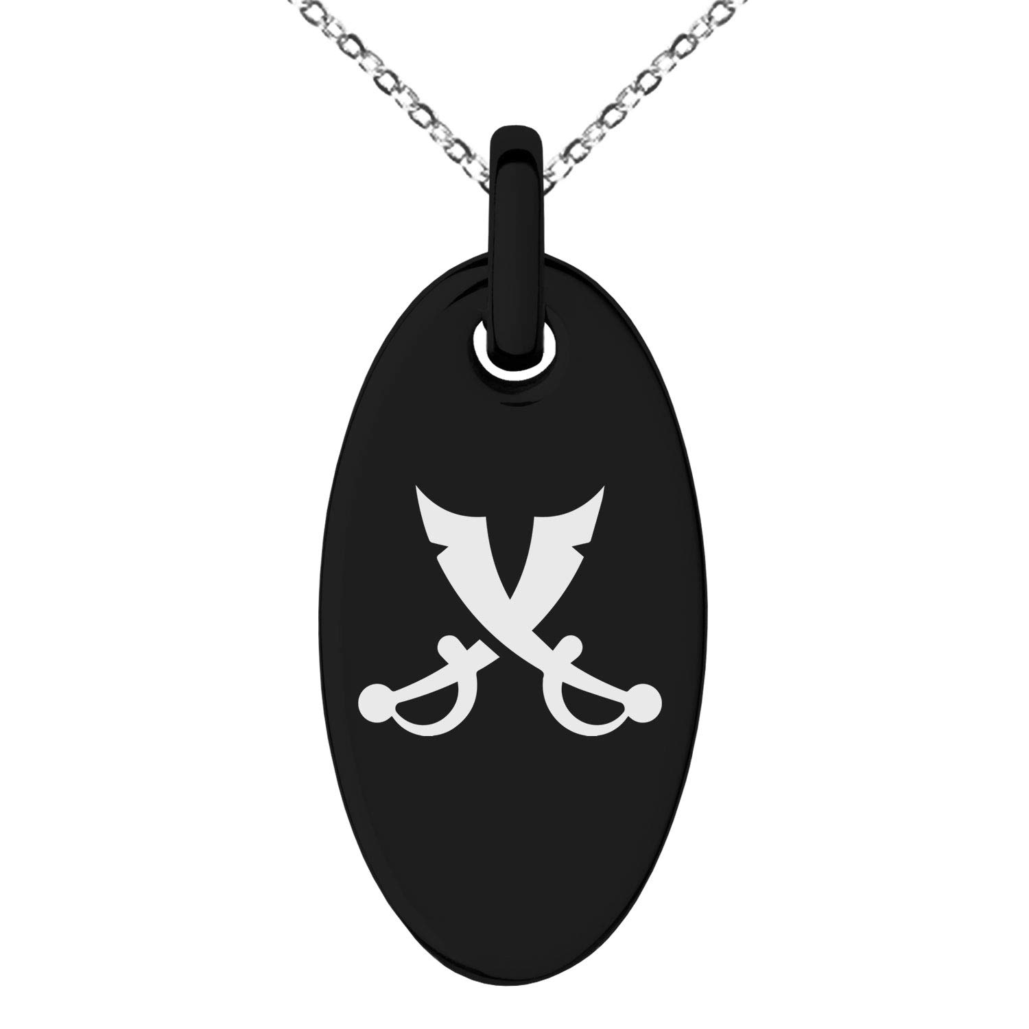 Stainless Steel Swashbuckler Emblem Small Oval Charm Pendant Necklace for Women - Pirate Themed Jewelry Gift for Costume Parties, Renaissance Fairs & Historical Reenactments
