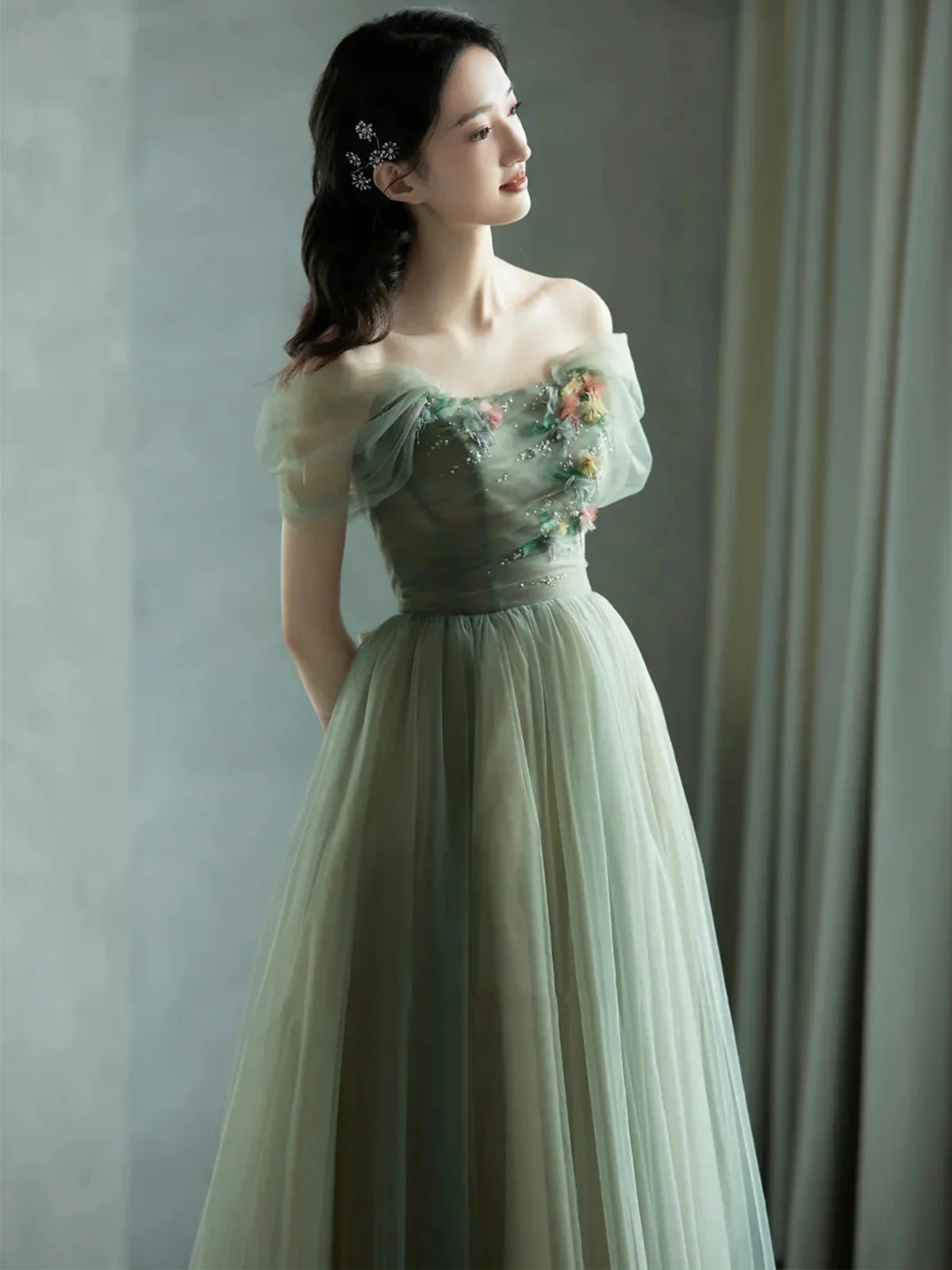 Elegant A-Line Green Tulle Off-Shoulder Prom Dress with 3D Floral Appliques - J4475 | Perfect for Evening Gala, Homecoming Dance, Wedding Guest & Special Occasions