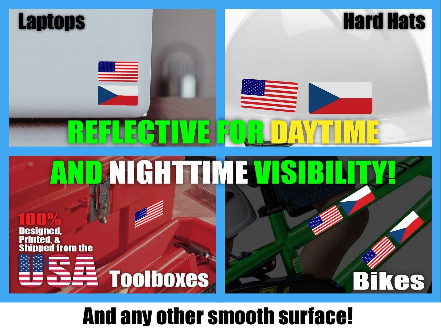 (x10) 3M Reflective Czechia and US Flag Stickers - High Visibility Safety Decals for Hard Hats, Laptops, Bikes & Toolboxes | Perfect for Night Safety, Work Gear Identification & Patriotic Decor