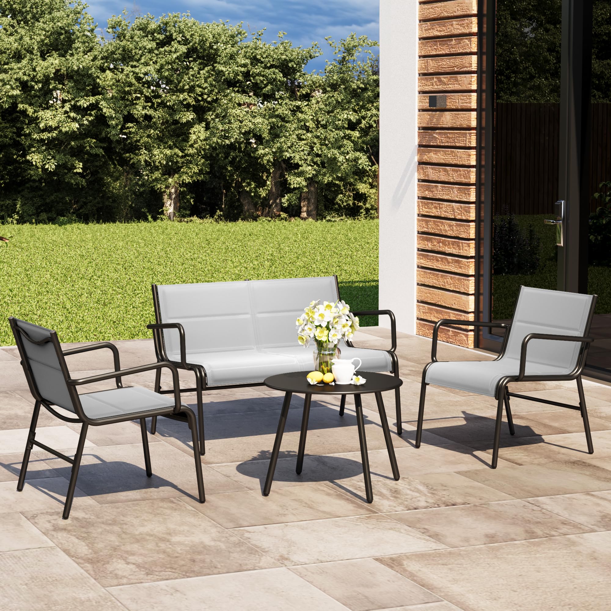 EAST OAK 4-Piece Outdoor Patio Furniture Set - Waterproof Wicker Loveseat with Coffee Table, Grey Garden Conversation Set for Porch, Balcony or Backyard | Perfect for Relaxing, Entertaining and Outdoor Dining