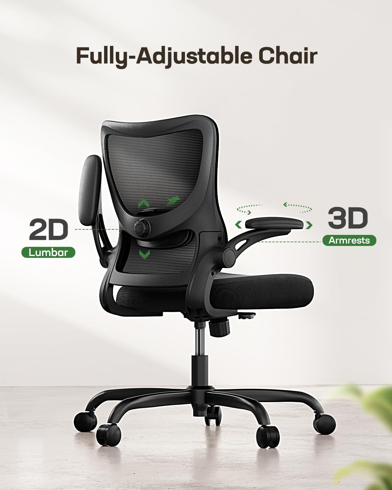 Ergonomic Office Chair with Adjustable Lumbar Support & 3-Way PU Armrests - Breathable Mesh Computer Desk Chair for Home Office, Gaming & Work - Comfortable Swivel Task Chair with Rolling Wheels for Long Hours Sitting