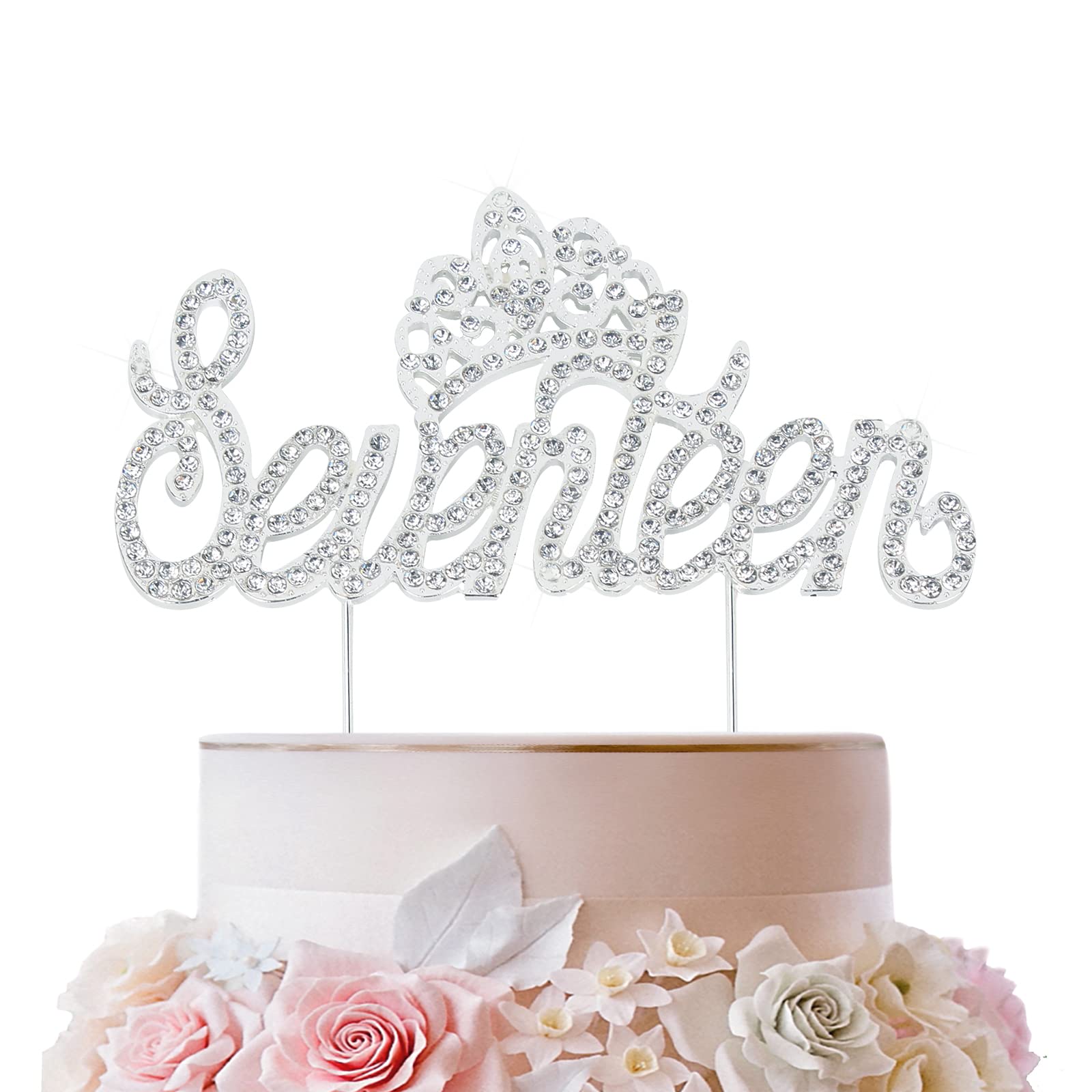 LINGTEER 17th Birthday Cake Topper with Silver Crystal Crown - Bling Rhinestone Party Decor for Sweet 17 Celebrations | Perfect for Quinceañera, Milestone Birthdays & Teenager Parties
