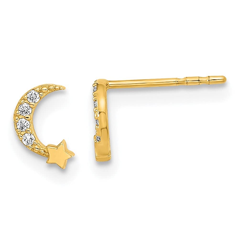 14K Gold Polished Celestial Moon and Star CZ Cubic Zirconia Post Earrings for Women - 6.6x4.2mm Simulated Diamond Studs - Elegant Jewelry Gift for Birthday, Anniversary & Everyday Wear