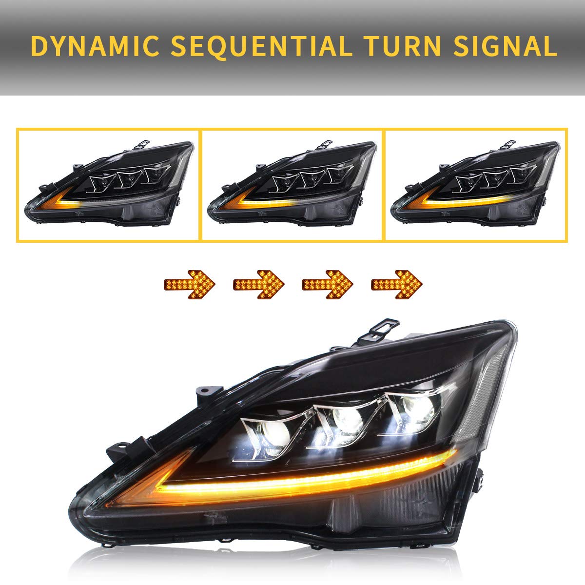 VLAND LED Headlights for Lexus IS 2006-2012 - Sequential Turn Signal for Night Driving
