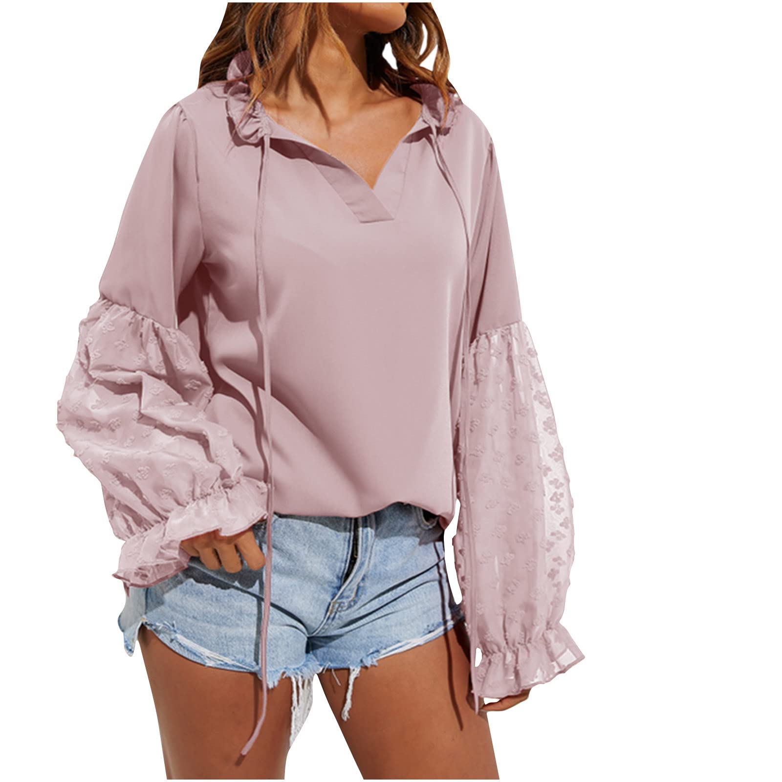 Elegant Women's Ruffle Long Sleeve V-Neck Chiffon Blouse - Solid Color Loose Dressy Tops for Work, Party & Casual Wear