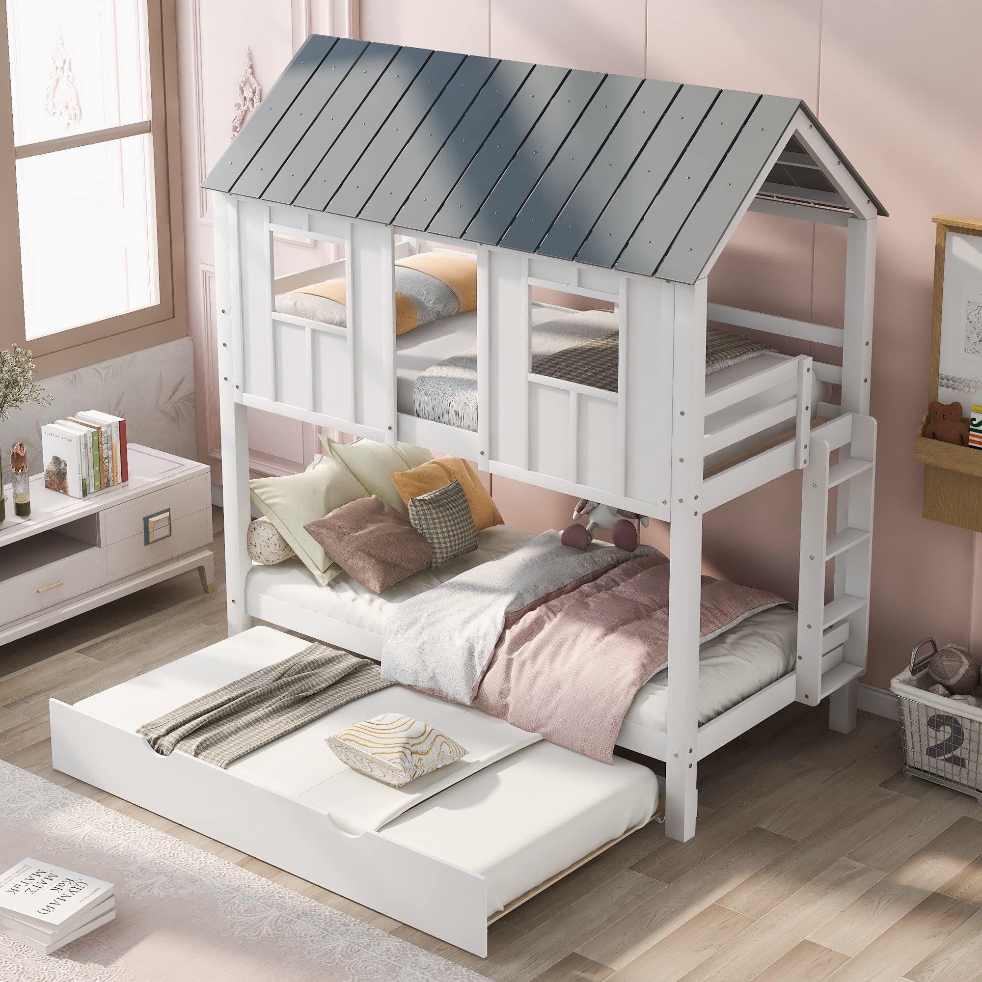 MERITLINE Twin Over Twin Wooden Bunk Bed with Trundle - Playhouse Design with Roof & Windows - Kids Bunk Bed for Small Spaces - Perfect for Shared Bedrooms, Sleepovers & Playtime (White)
