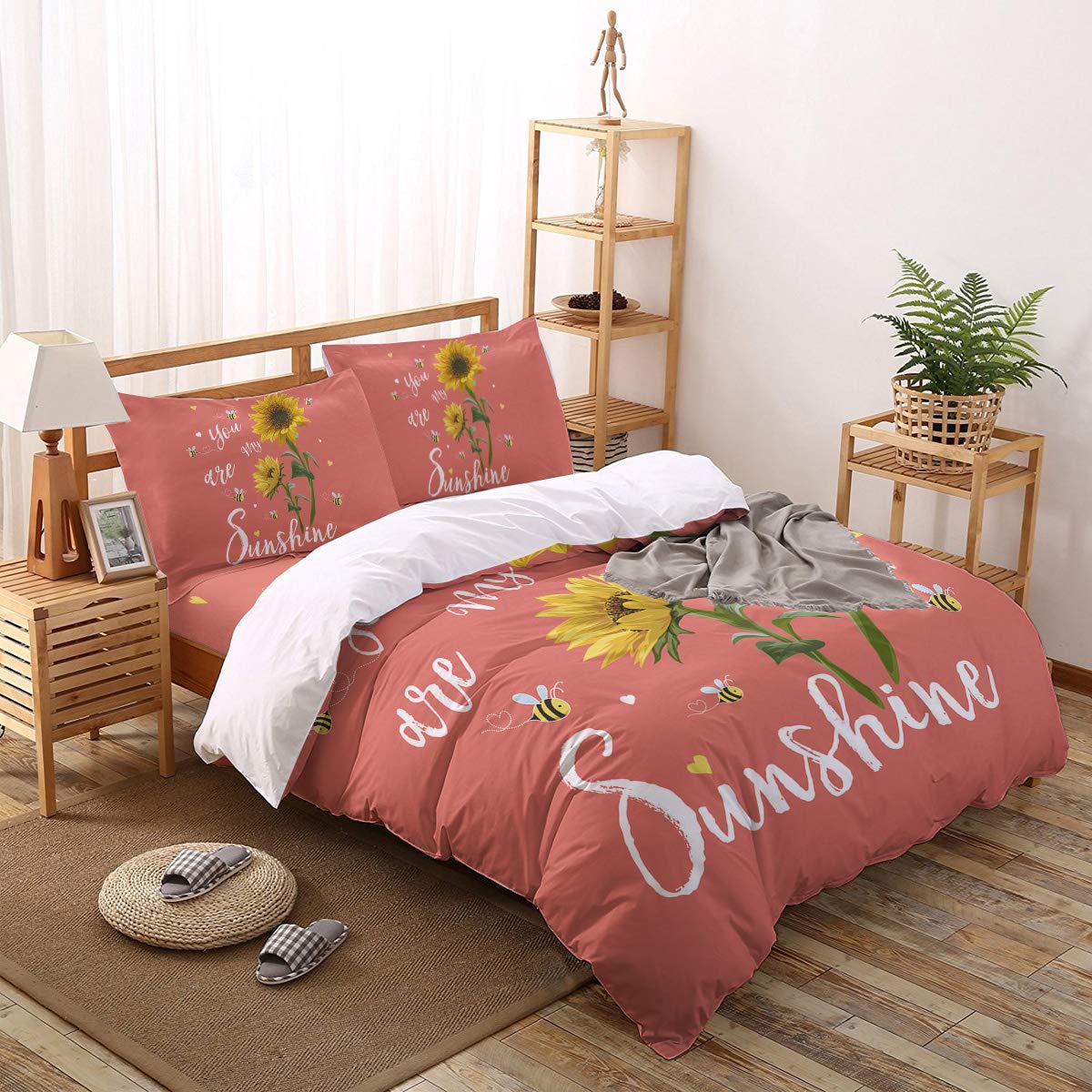 4-Piece Full Size Duvet Cover Bedding Set - Soft Luxury Sunflower & Bees Design 'You Are My Sunshine' Theme (1 Duvet Cover + 1 Sheet + 2 Pillowcases) for Cozy Farmhouse Bedroom Decor